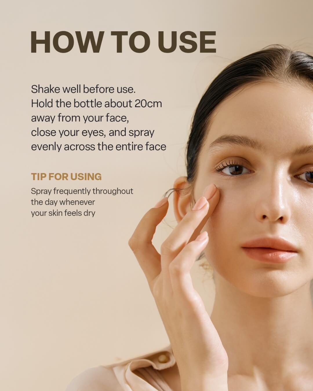 Close-up of a woman touching her glowing face with instructions on how to use Koy Solid Refine Volume Mist.