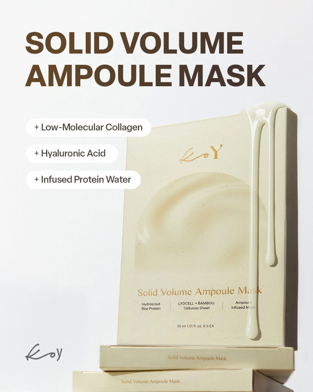 Koy Solid Volume Ampoule Mask box set infused with low-molecular collagen and hyaluronic acid skincare serum.