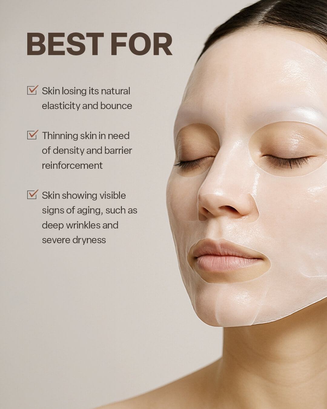 Woman wearing Koy Solid Volume Ampoule Mask for anti-aging skincare, deep wrinkles, and intense hydration.