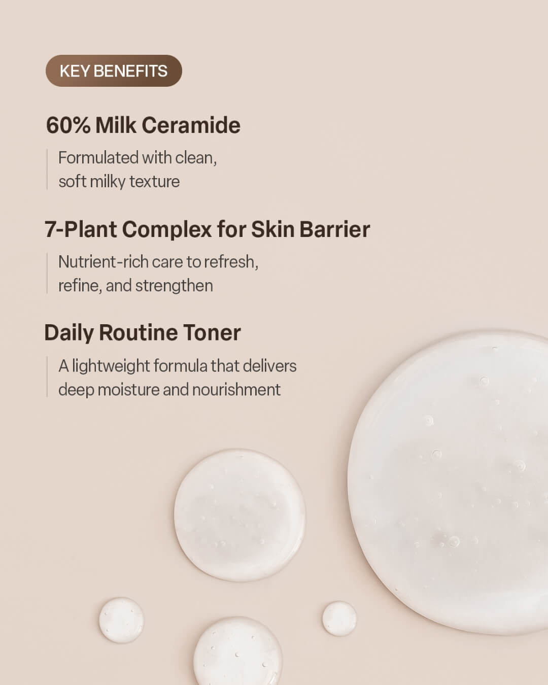 Drops of daily routine liquid toner on a beige background showcasing key benefits for the skin barrier.