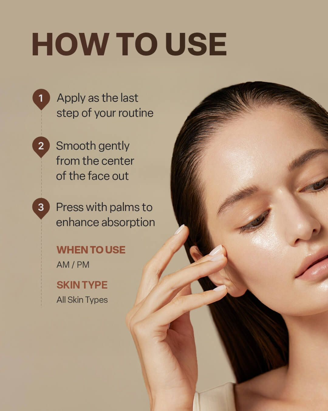 A woman with radiant, glowing skin alongside step-by-step instructions on how to use the face moisturizer.
