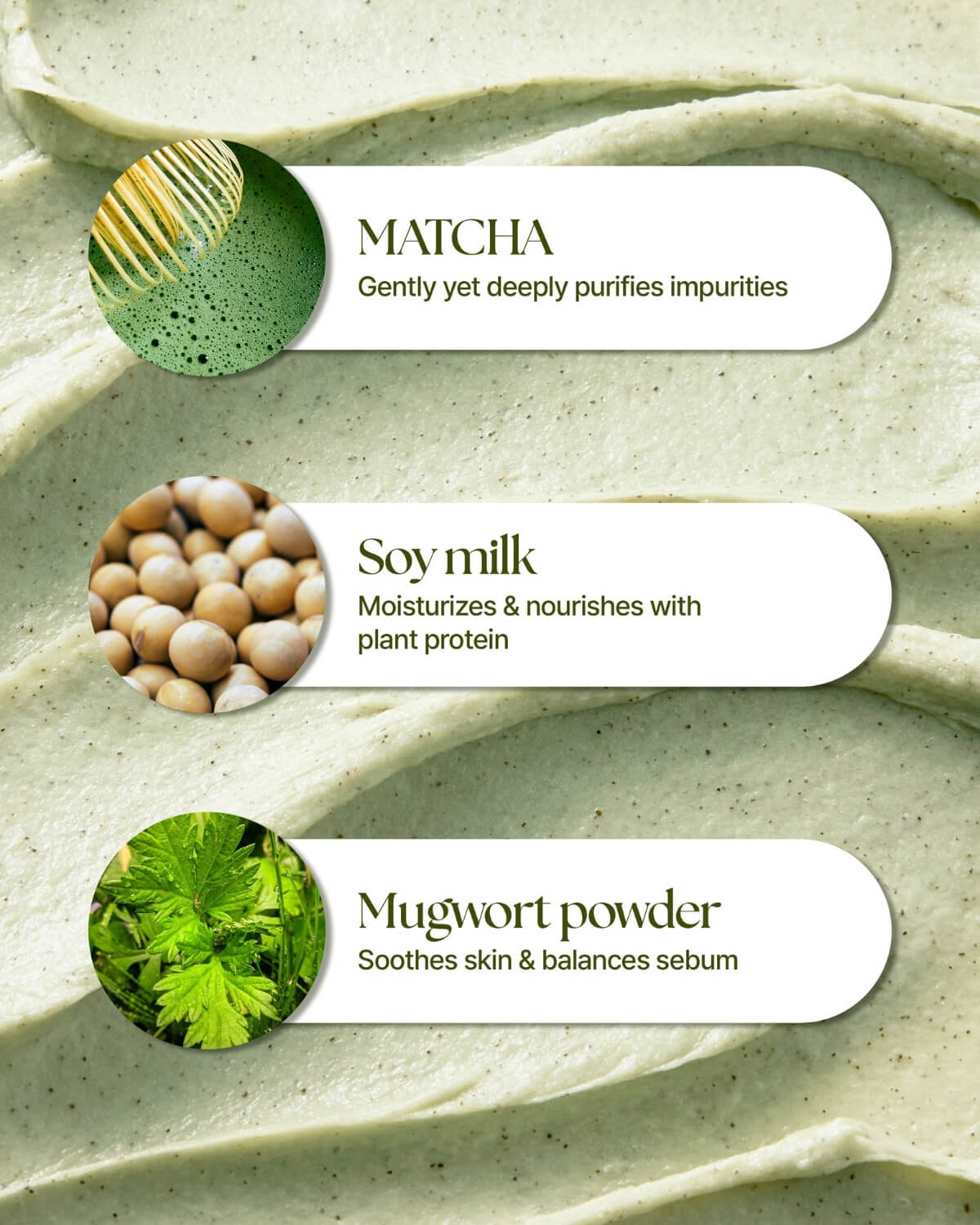 Key ingredients for matcha face cleanser showing matcha whisk, soy milk, and mugwort powder.