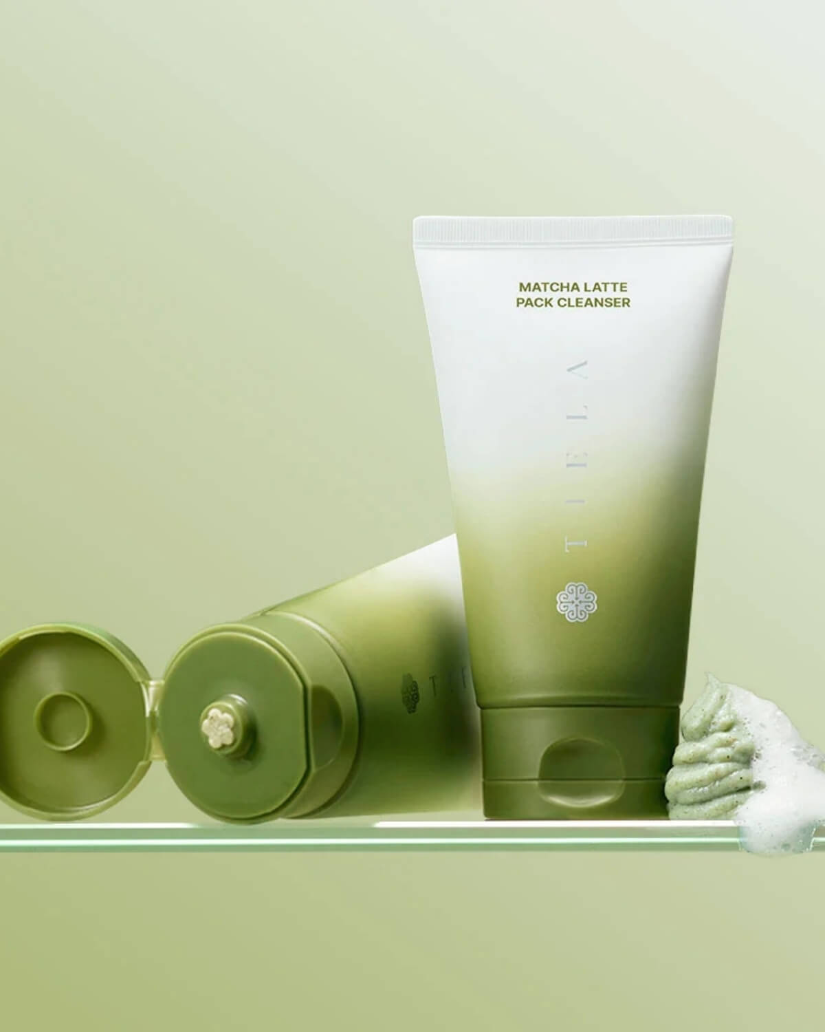 Tiela Matcha Latte Pack Cleanser tubes displayed with thick green paste and white foam