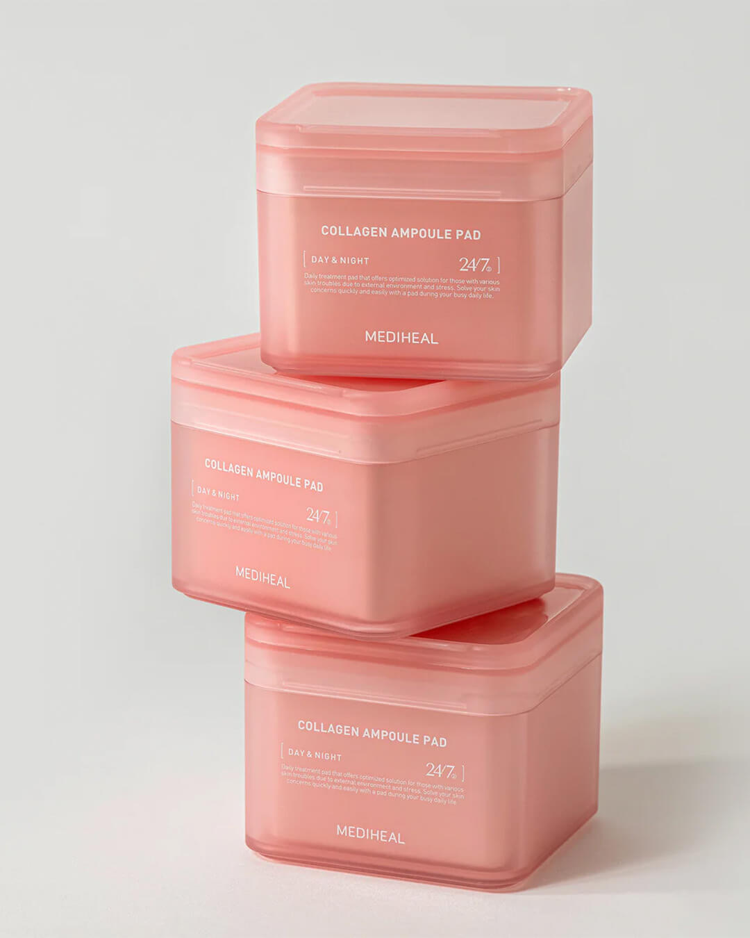 Mediheal Collagen Ampoule Pad_Collagen-boosting Multi-tasking Treatment Ampoule Pad, stack of products on a white background
