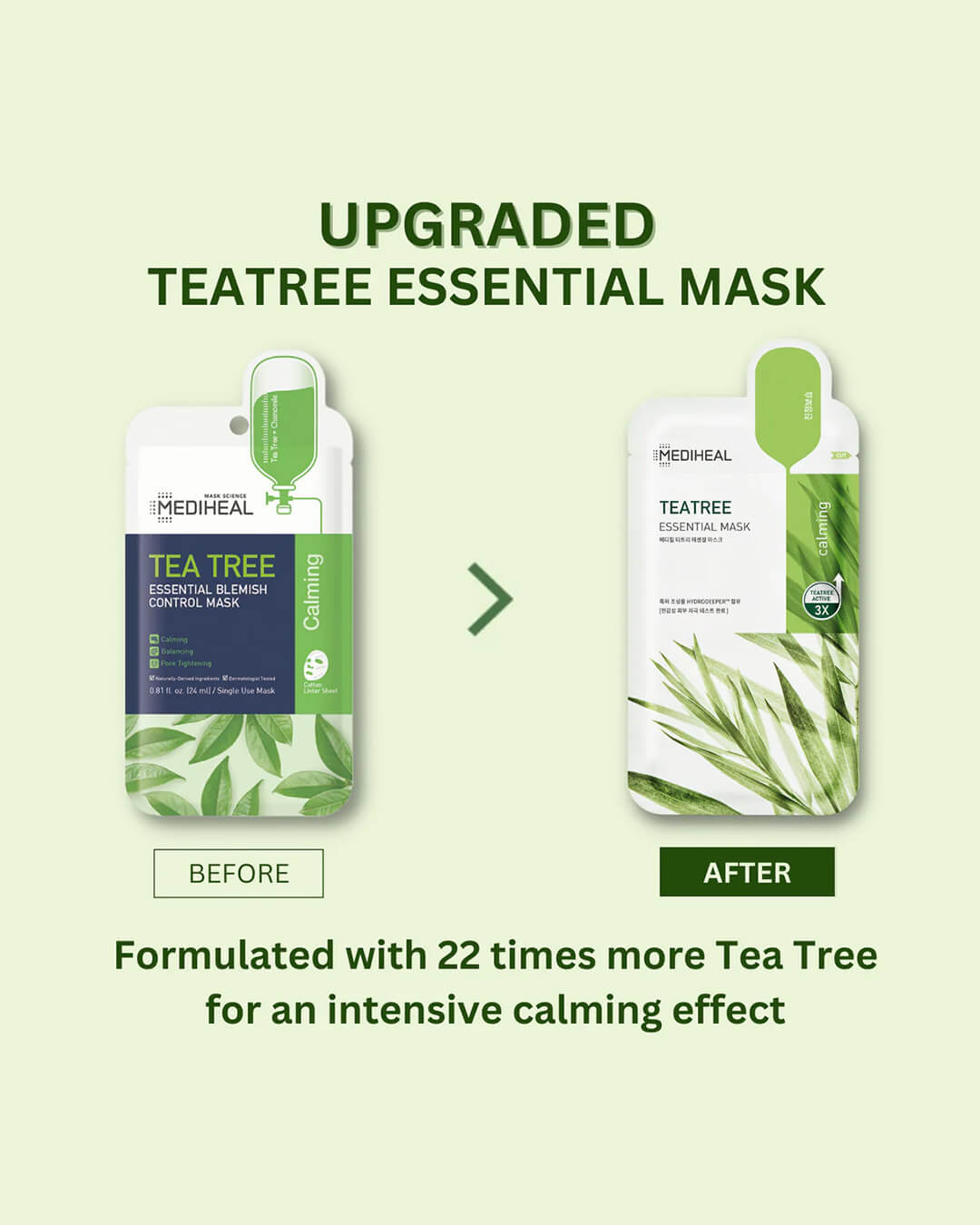 Mediheal Tea Tree Essential Mask_Intensive Calming & Clarifying Mask, upgraded tea tree mask before and after