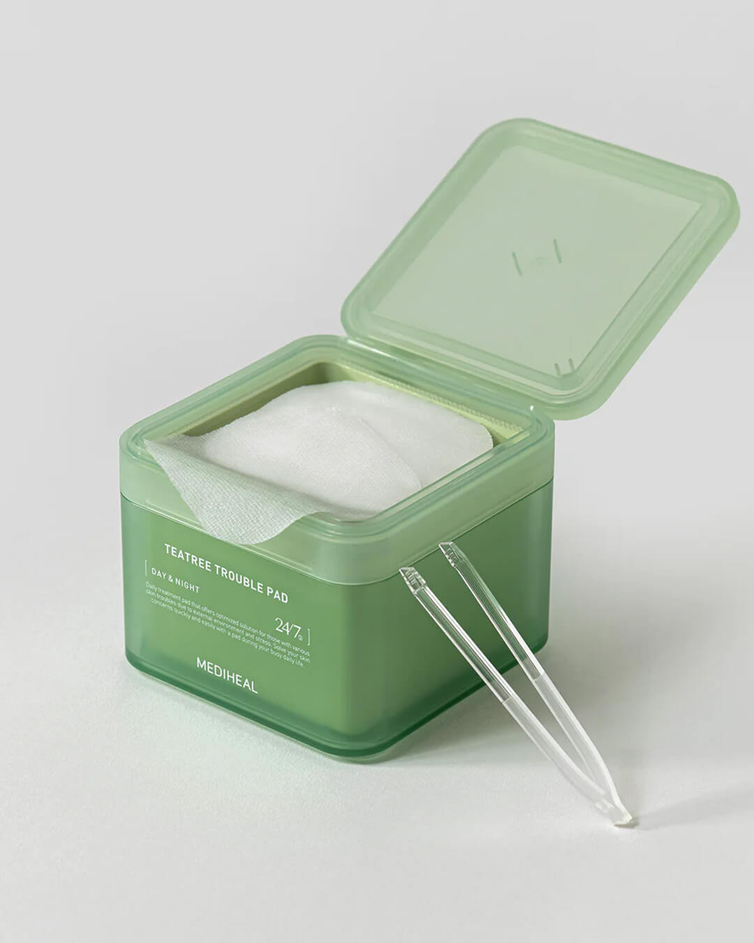 Mediheal Tea Tree Trouble Pad_Daily Toner + Treatment Mask Pad, product jar open to see texture with a plastic tweezer on the side