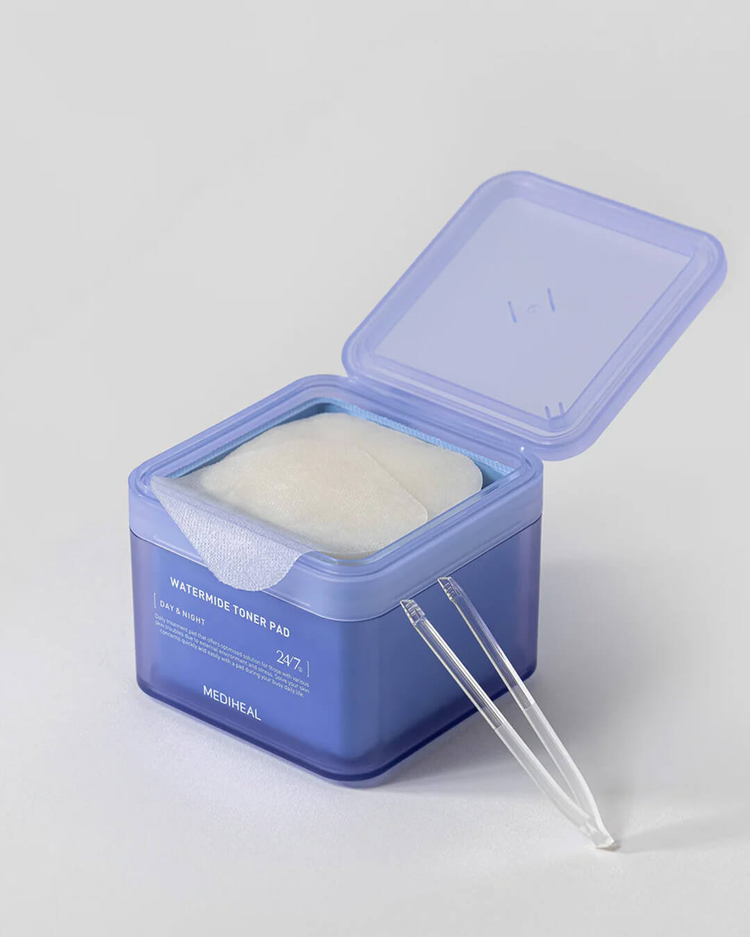 Mediheal Watermide Toner Pad_Hydrating & De-puffing Treatment Mask Pad, product jar open showing the toner pads texture with a plastic tweezer on the side