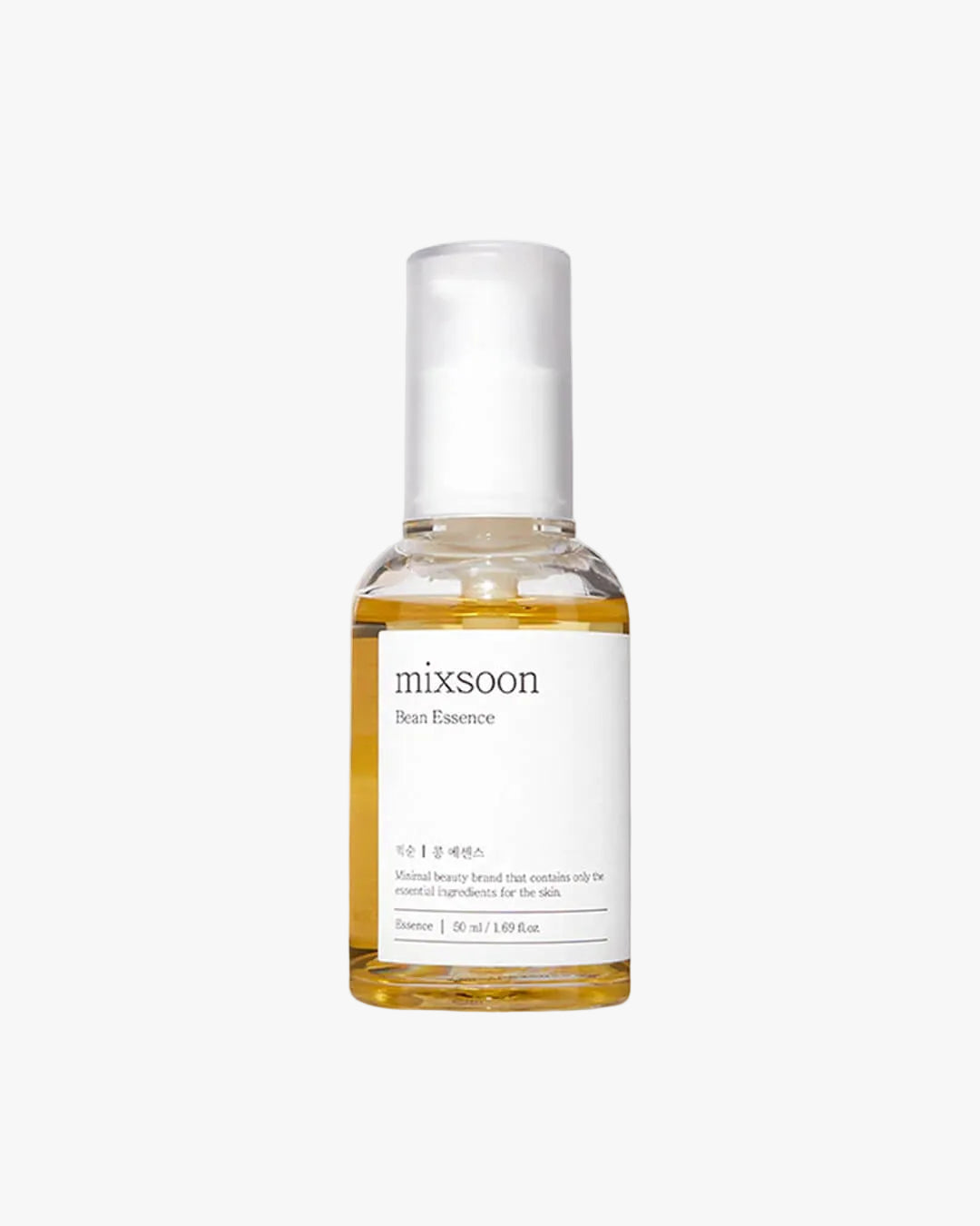 A vertical, brightly lit studio shot of the Mixsoon Bean Essence in a clear glass bottle with a white pump dispenser, showcasing the light yellow-gold essence. The minimalist white label displays the brand 'mixsoon' and product name 'Bean Essence.'