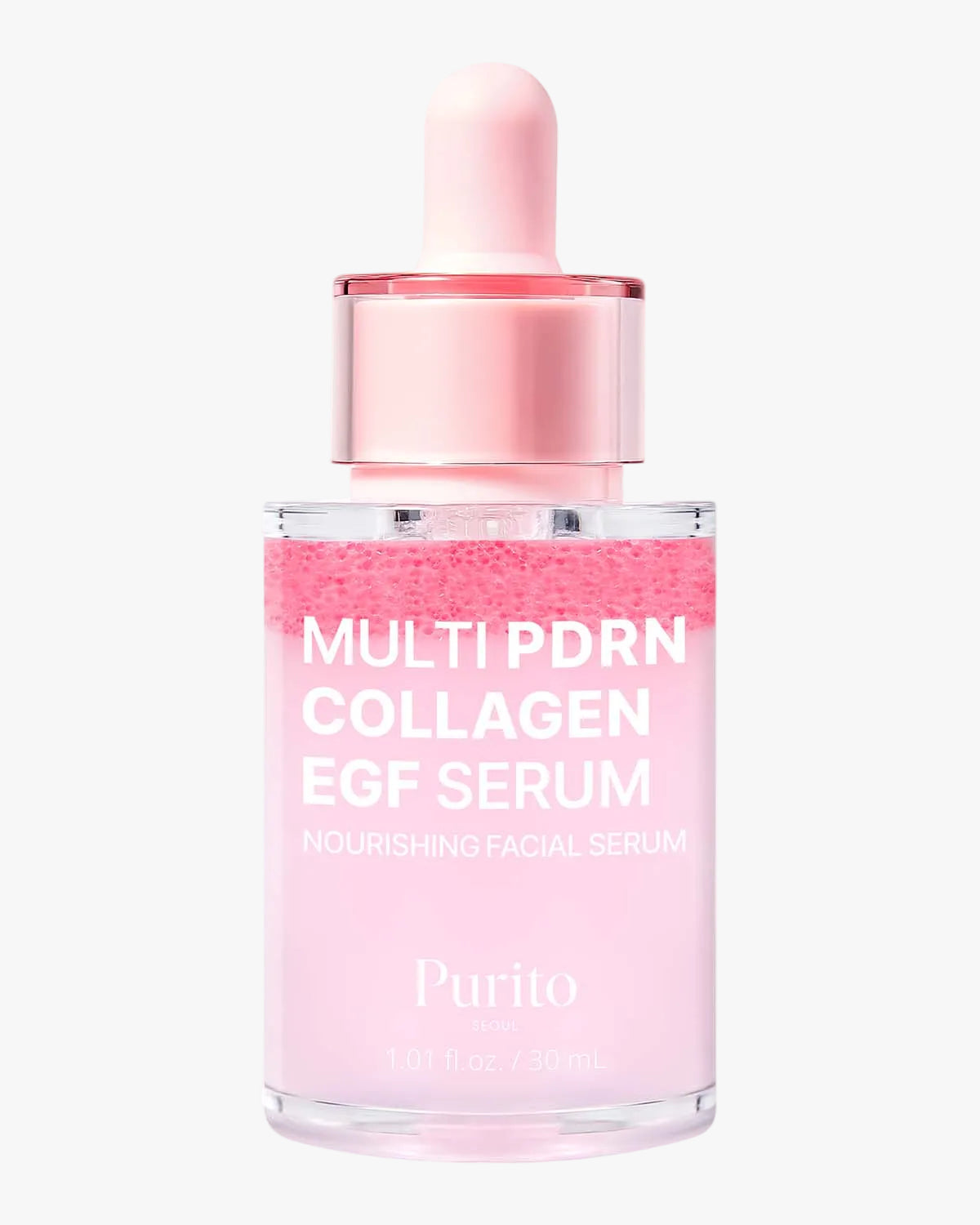Purito Multi PDRN Collagen EGF Serum in a clear glass bottle with a pink dropper cap.