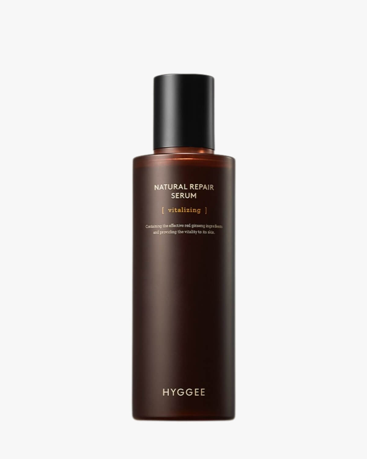 Hyggee Natural Repair Serum, a revitalizing skin treatment with red ginseng in a dark brown bottle.