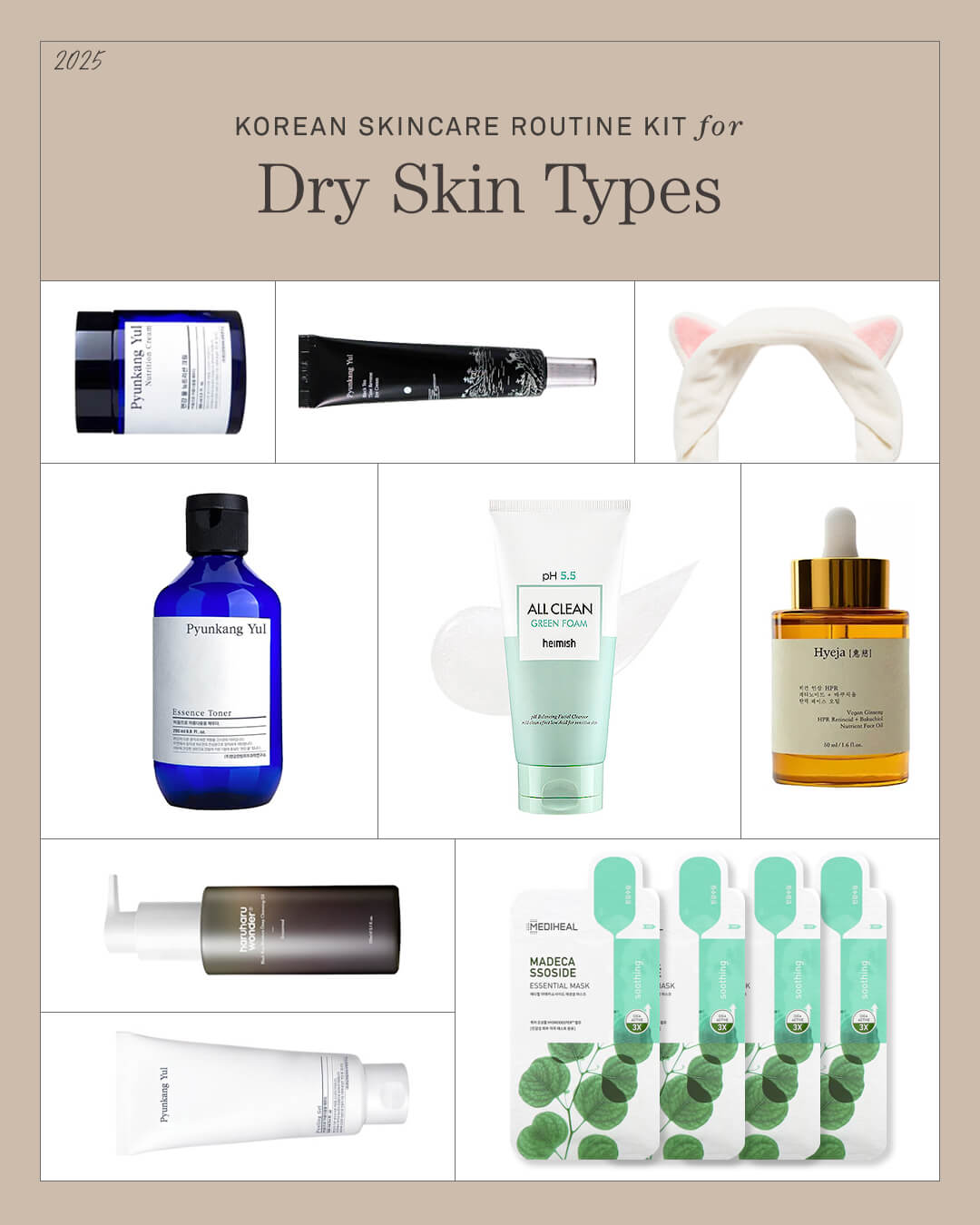 A marketing graphic for the Ohlolly Korean Skincare Kit for Dry Skin Types, showing a collage of all nine included products, such as the Pyunkang Yul Essence Toner, Heimish All Clean Green Foam, and Mediheal Madecassoside Essential Masks, arranged in a grid with the title 'KOREAN SKINCARE ROUTINE KIT for Dry Skin Types.'