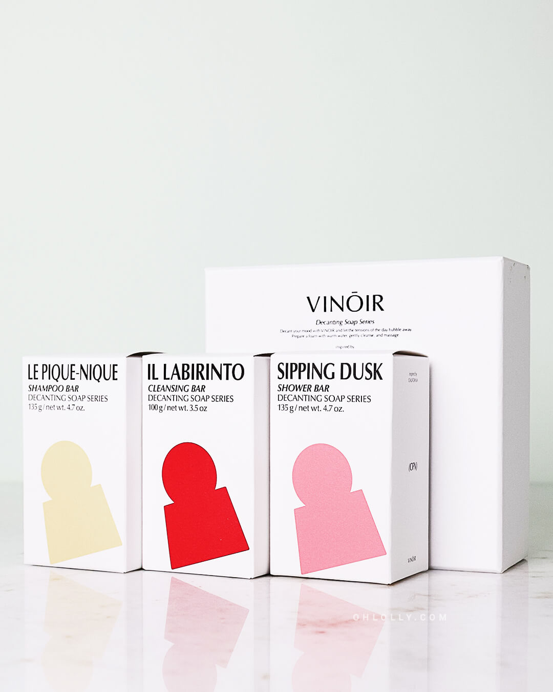 Ohlolly Korean Skincare Vinoir Decanting Soap Series Gift Set including Le Pique-Nique Shampoo Bar, Il Labirinto Cleansing Bar, Sipping Duck Shower Bar. Gift box included.