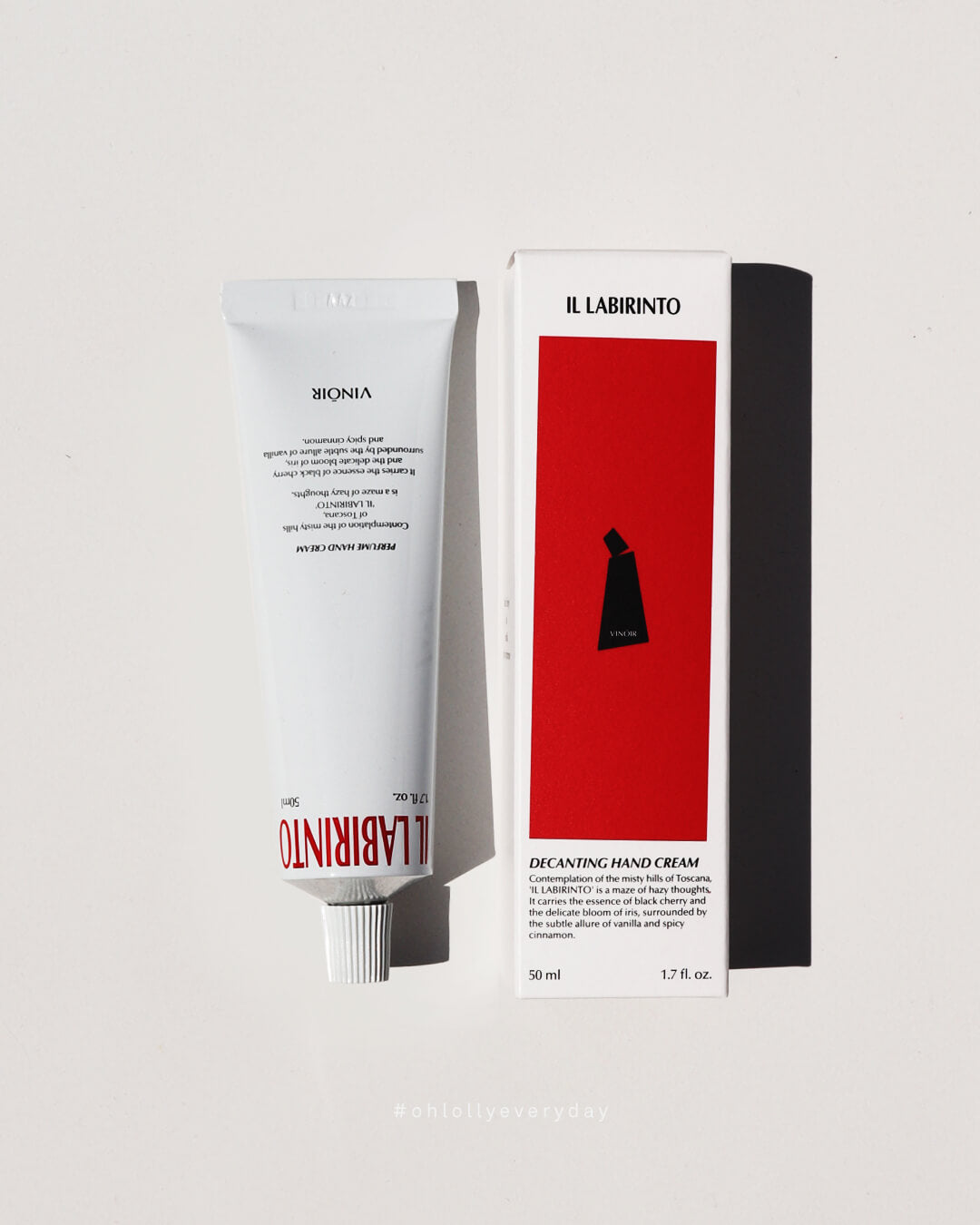 Ohlolly Korean Skincare Vinoir Decanting Hand Cream | Il Labirinto. Scented moisturizer for dry hands. Box and product lay flat.