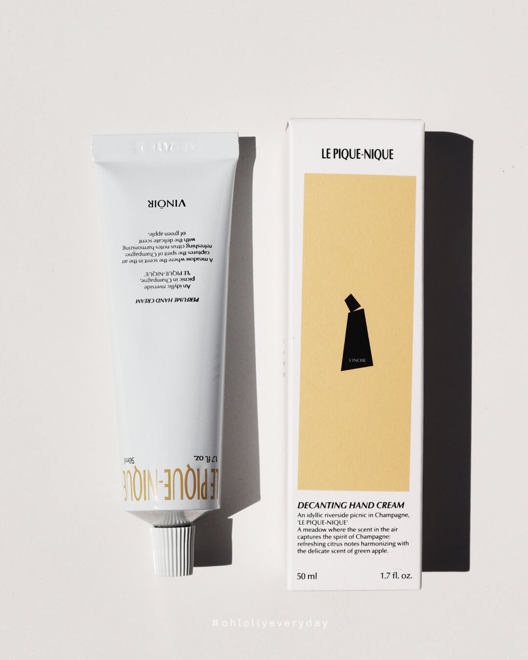 Ohlolly Korean Skincare Vinoir Decanting Hand Cream | Le Pique-Nique. Scented moisturizer for dry hands. Box and product lay flat.