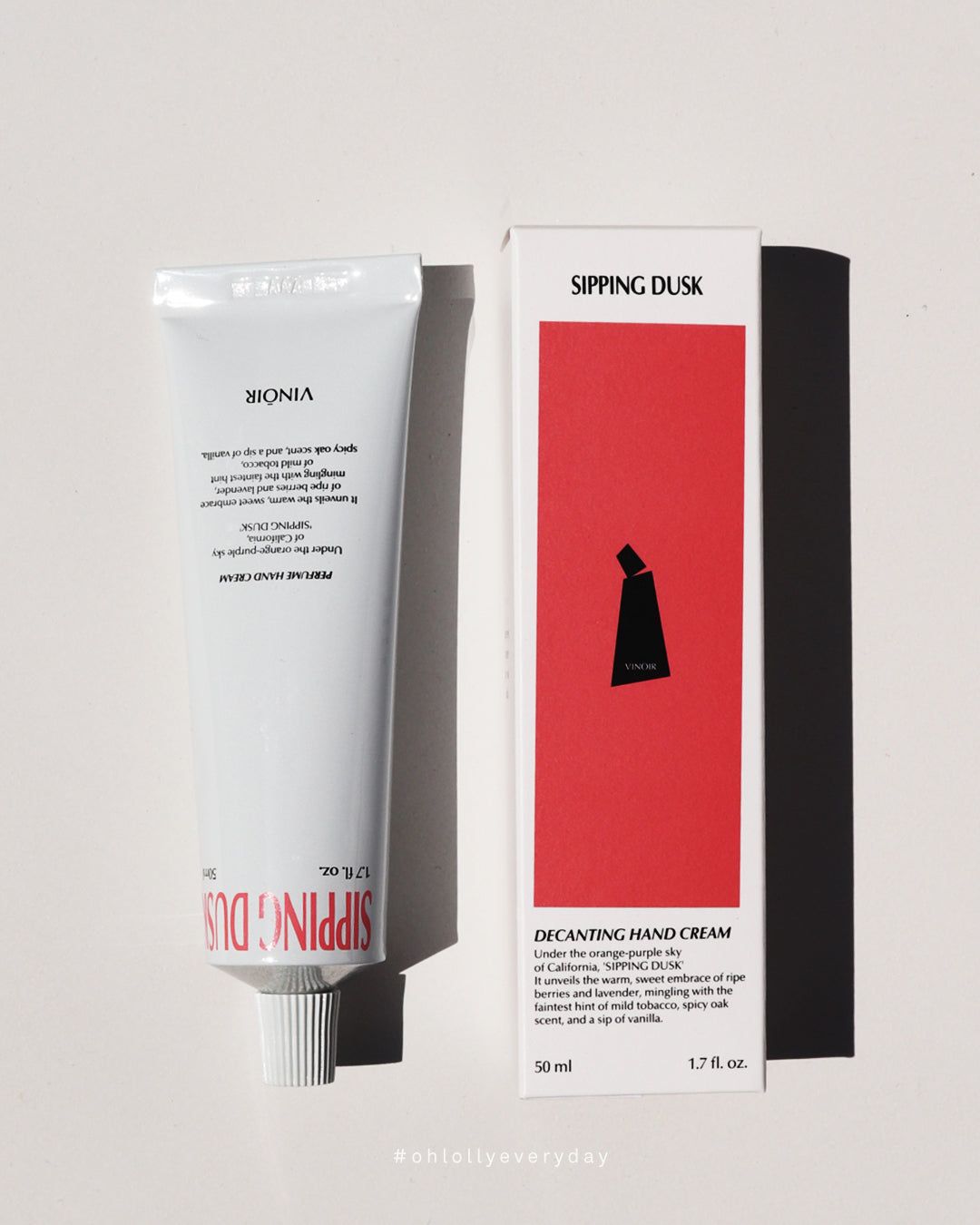 Ohlolly Korean Skincare Vinoir Decanting Hand Cream | Sipping Dusk. Scented moisturizer for dry hands. Box and product lay flat.