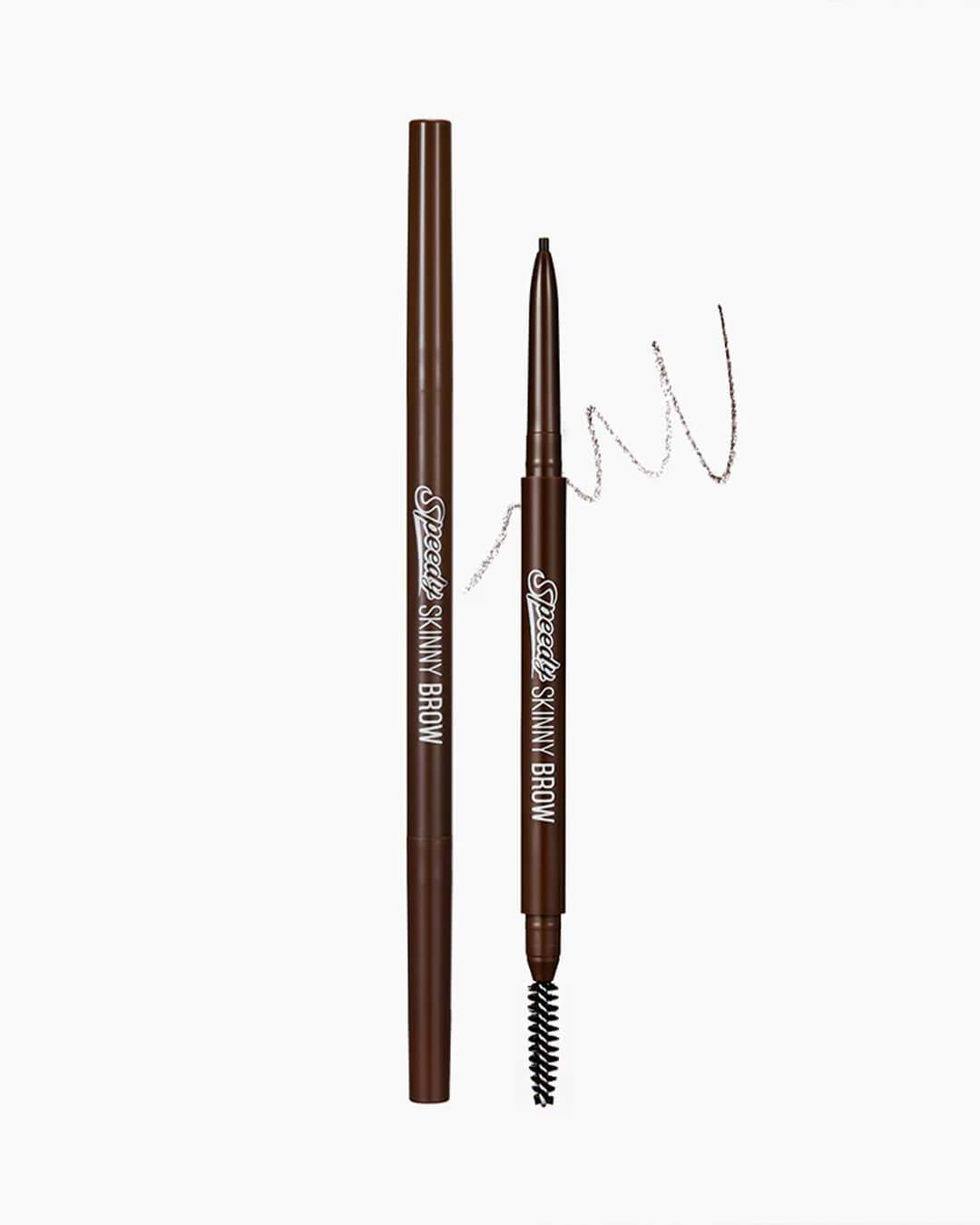 Two Peripera Speedy Skinny Brow pencils stand side-by-side, one fully capped and the other uncapped to display the ultra-slim 1.5mm brow pencil tip and the blending spoolie brush, with a thin, swooping brow line drawn to the side.