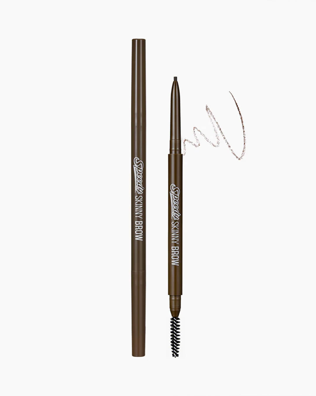A close-up studio shot of the Peripera Speedy Skinny Brow pencil, showing the ultra-slim 1.5mm brow tip extended and the spoolie brush, with a swatch of the 03 Natural Brown shade drawn on the white background.