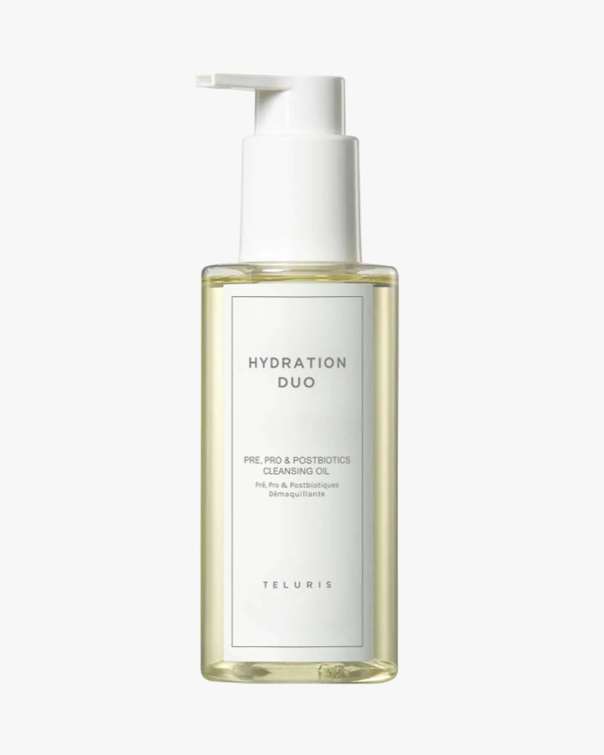 Teluris Hydration Duo Cleansing Oil in a clear pump bottle with Pre Pro and Postbiotics.