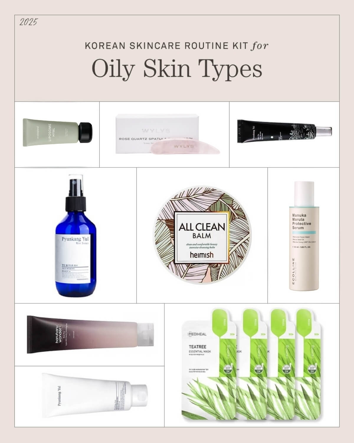 K-Beauty Routine Kit for Oily Skin Types. Collage featuring Heimish All Clean Balm, Pyunkang Yul Mist Toner, and Mediheal Teatree Mask.