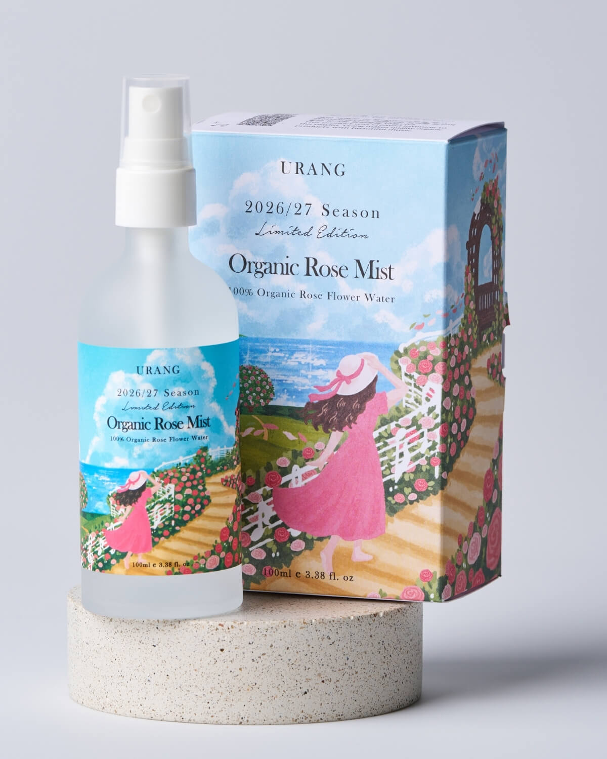 URANG Organic Rose Mist bottle next to its matching Limited Edition illustrated product packaging box.
