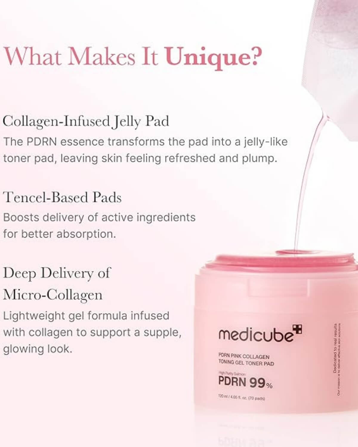 Medicube PDRN Pink Collagen Toning Gel Toner Pad, infographic - collagen infused jelly pad, tencel-based pads, deep delivery of micro-collagen