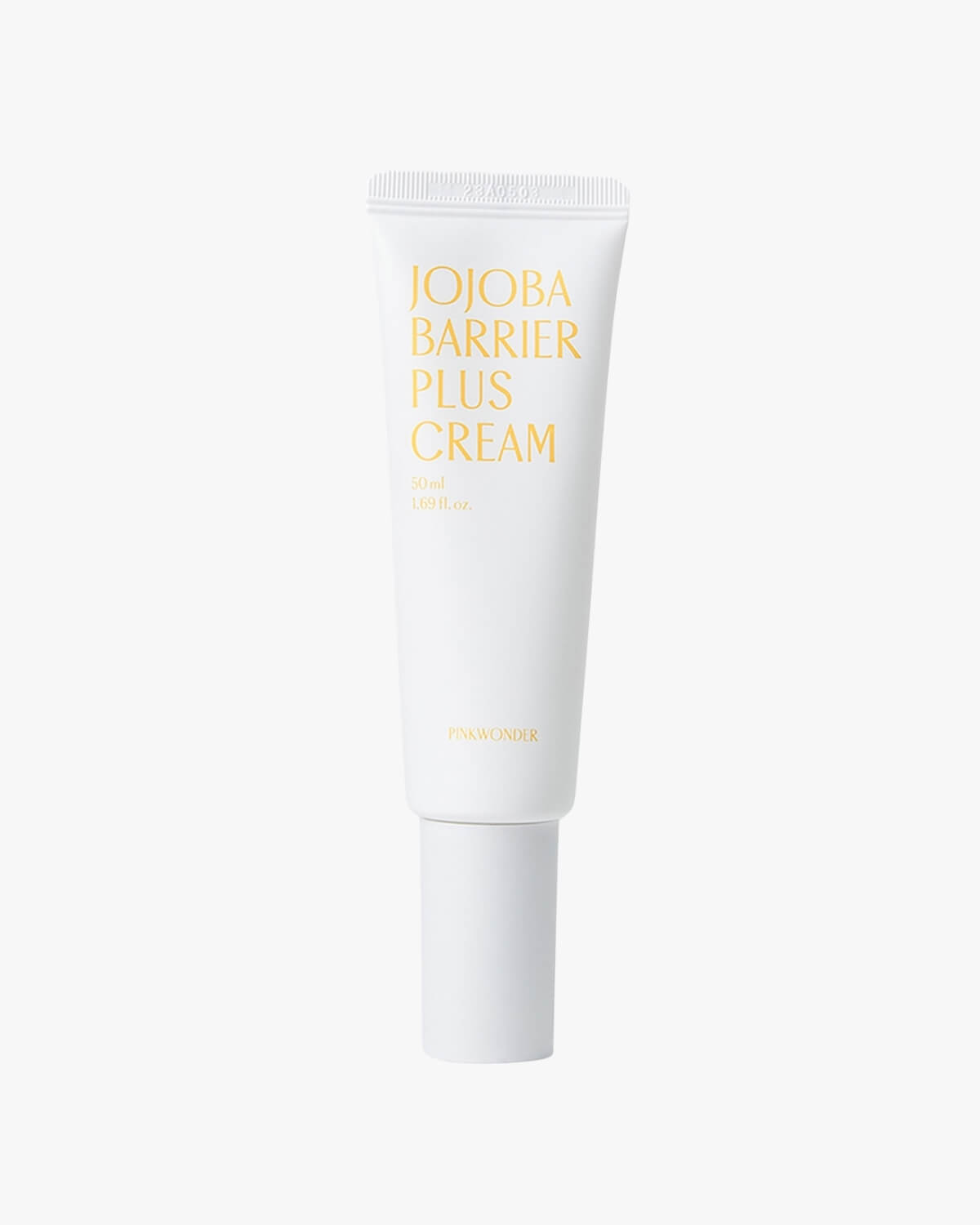 A clean, straightforward product shot of the white tube of Pinkwonder Jojoba Barrier Plus Cream on a white background. The tube features the product name in a yellow-gold font and has an opaque white cap/pump base.