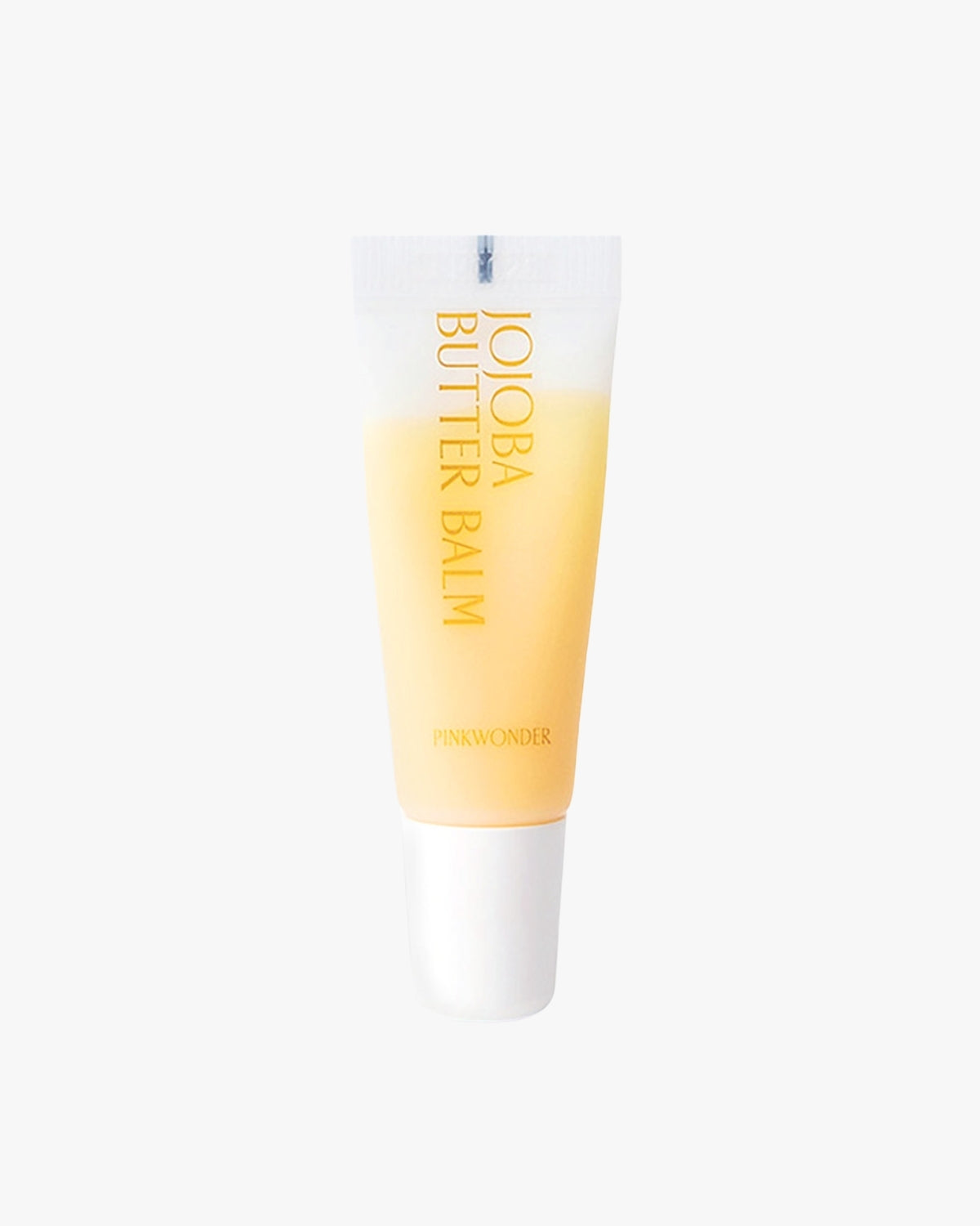 A simple, front-facing product shot of the small, translucent yellow tube of Pinkwonder Jojoba Butter Balm with a white cap, isolated against a white background.