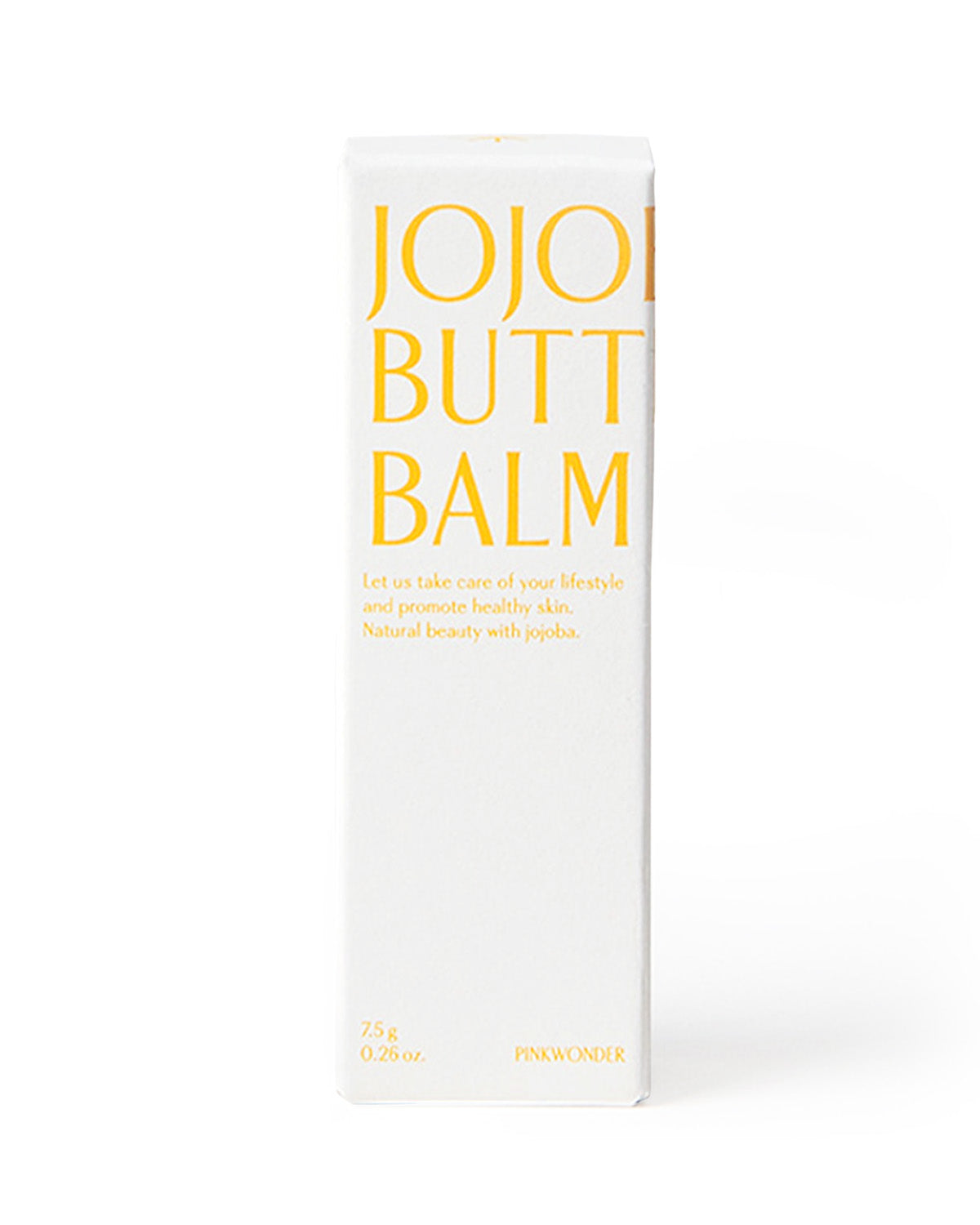 A front-facing product shot of the white rectangular box for the Pinkwonder Jojoba Butter Balm on a white background. The text is in large yellow letters and includes the tagline: "Let us take care of your lifestyle and promote healthy skin. Natural beauty with jojoba."