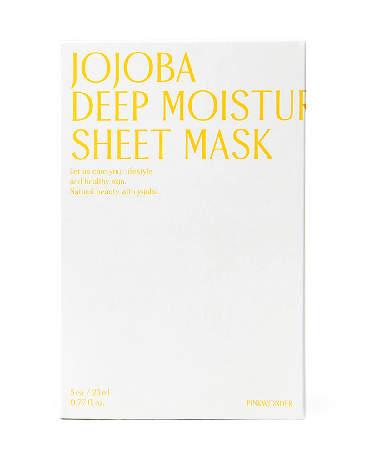 A front-facing product shot of the white box for the Pinkwonder Jojoba Deep Moisture Sheet Mask on a white background. The large yellow text includes a tagline: "Let us care your lifestyle and healthy skin. Natural beauty with jojoba."