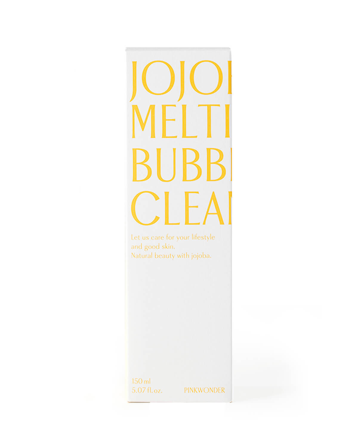 A front-facing product shot of the white rectangular box for the Pinkwonder Jojoba Melting Bubble Cleanser on a white background. The large yellow text includes a tagline: "Let us care for your lifestyle and good skin. Natural beauty with jojoba."