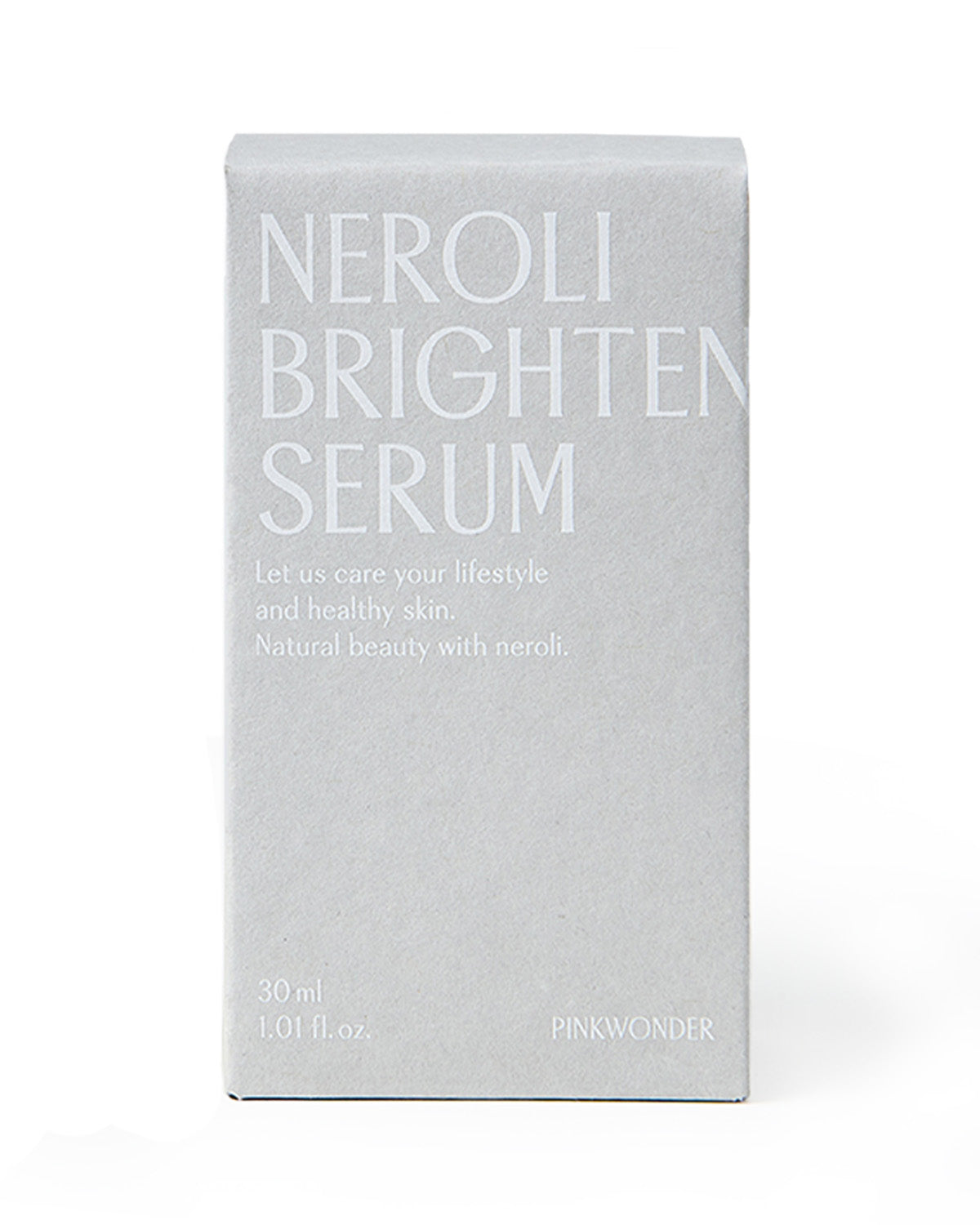 A centered product shot of the white cardboard box for the "Neroli Brightening Serum" by Pinkwonder on a pure white background. The text is in a light gray color.