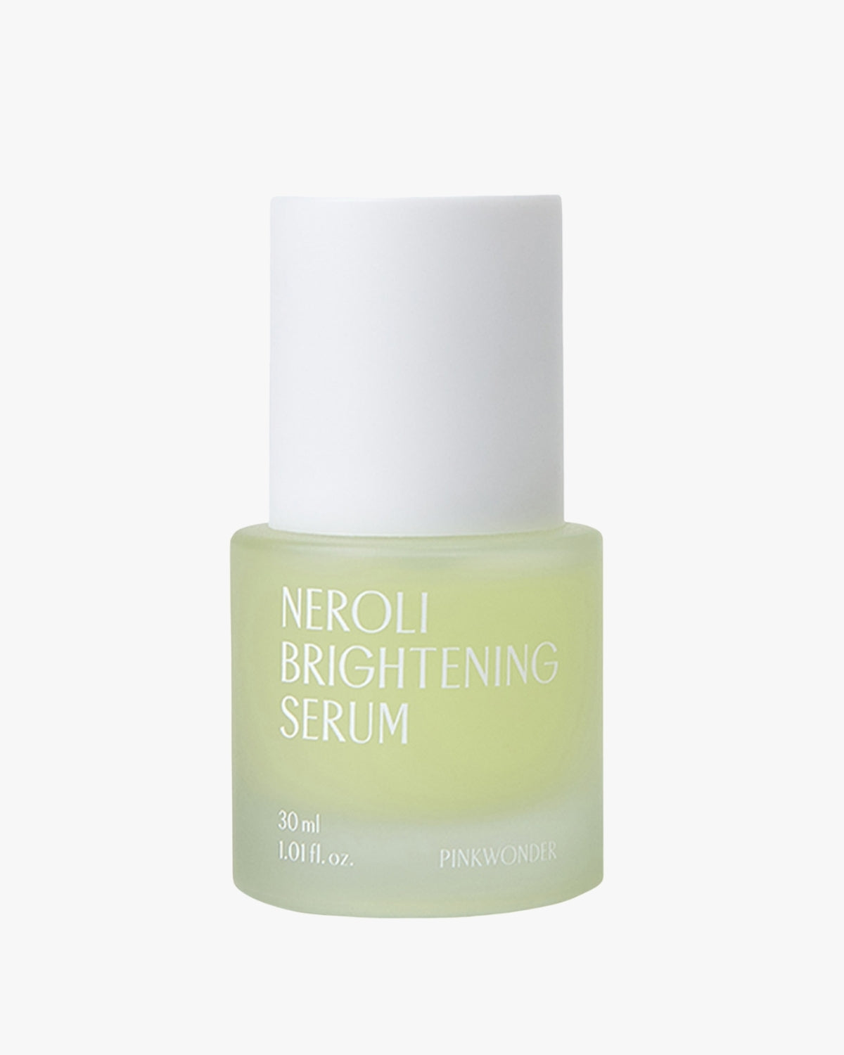 A simple, centered product shot of the Pinkwonder "Neroli Brightening Serum" in a frosted glass bottle with a solid white cap, against a neutral background. The serum appears light yellow-green.