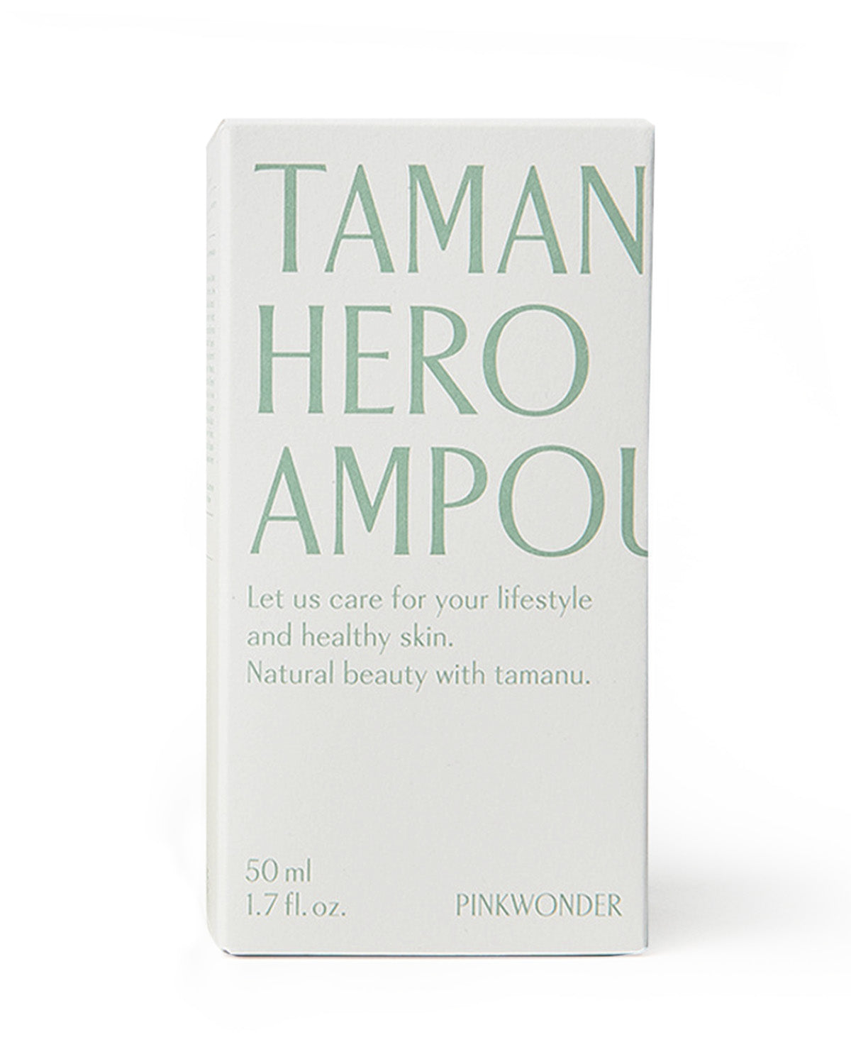 A front view of the white product box for the Tamanu Hero Ampoule+. The large text is a pale green color and includes the tagline, "Natural beauty with tamanu."