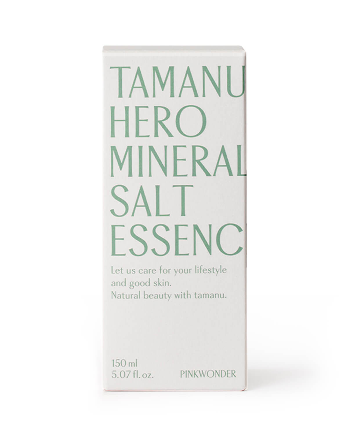 A front view of the white product box for the Tamanu Hero Mineral Salt Essence. The large text is a pale mint green color with a tagline: "Natural beauty with tamanu."