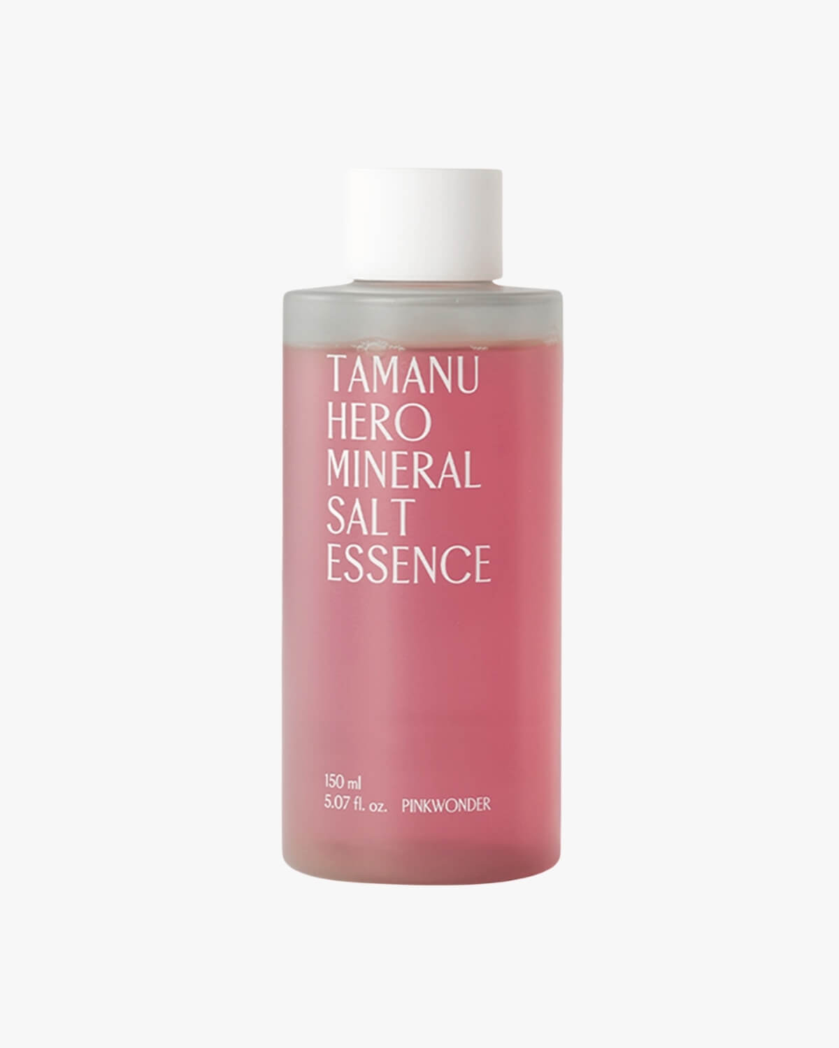A simple product shot of the bottle of Tamanu Hero Mineral Salt Essence, clearly showing the deep pink-red color of the liquid, isolated on a white background.