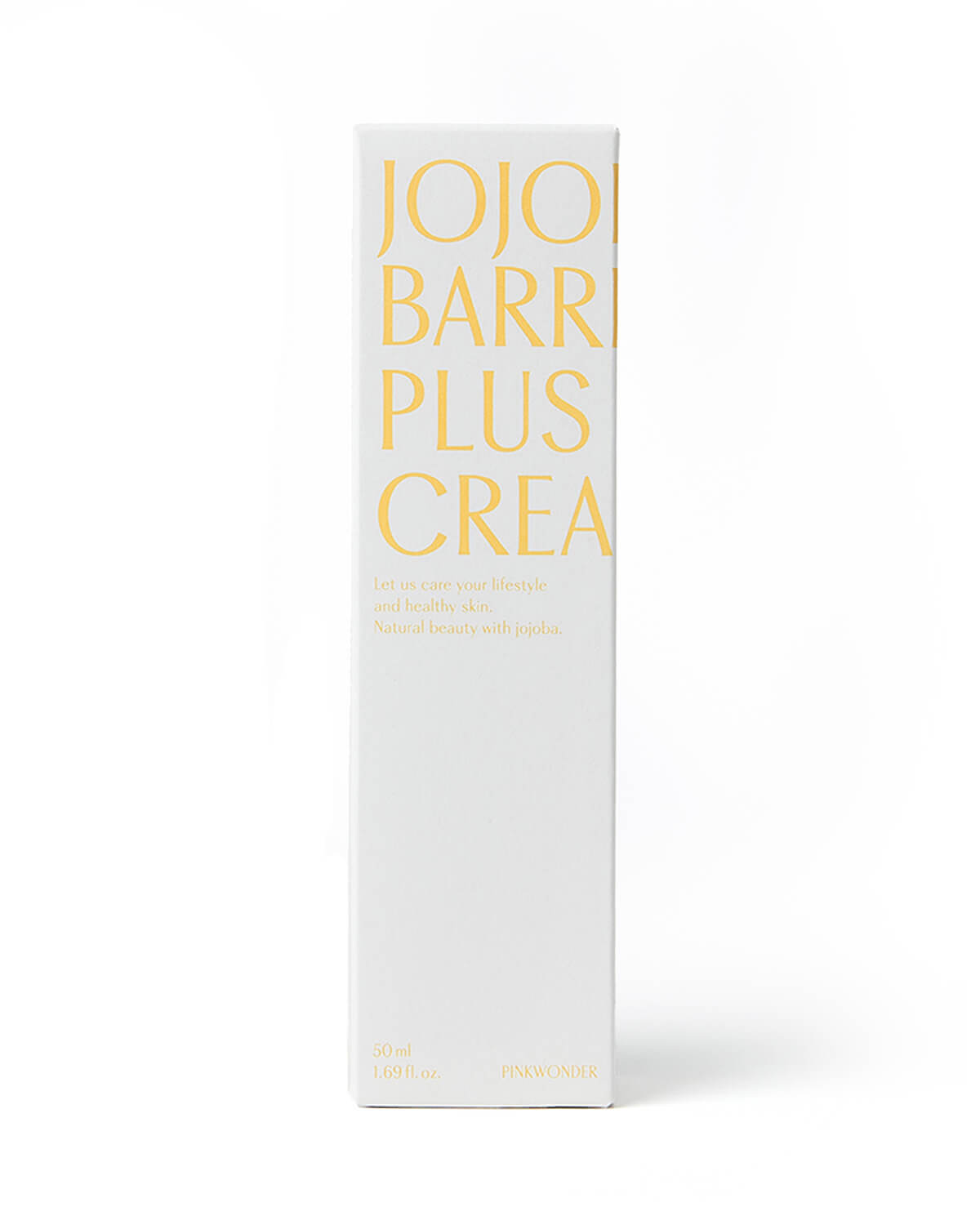 A front-facing product shot of the white box for the Pinkwonder Jojoba Barrier Plus Cream. The large yellow-gold text is centered, and the box includes a tagline: "Let us care your lifestyle and healthy skin. Natural beauty with jojoba."