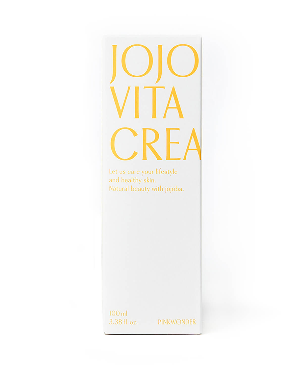 A front-facing product shot of the white rectangular box for the Pinkwonder Jojoba Vita Cream on a white background. The product name is in large yellow text, and a tagline is included: "Let us care your lifestyle and healthy skin. Natural beauty with jojoba."