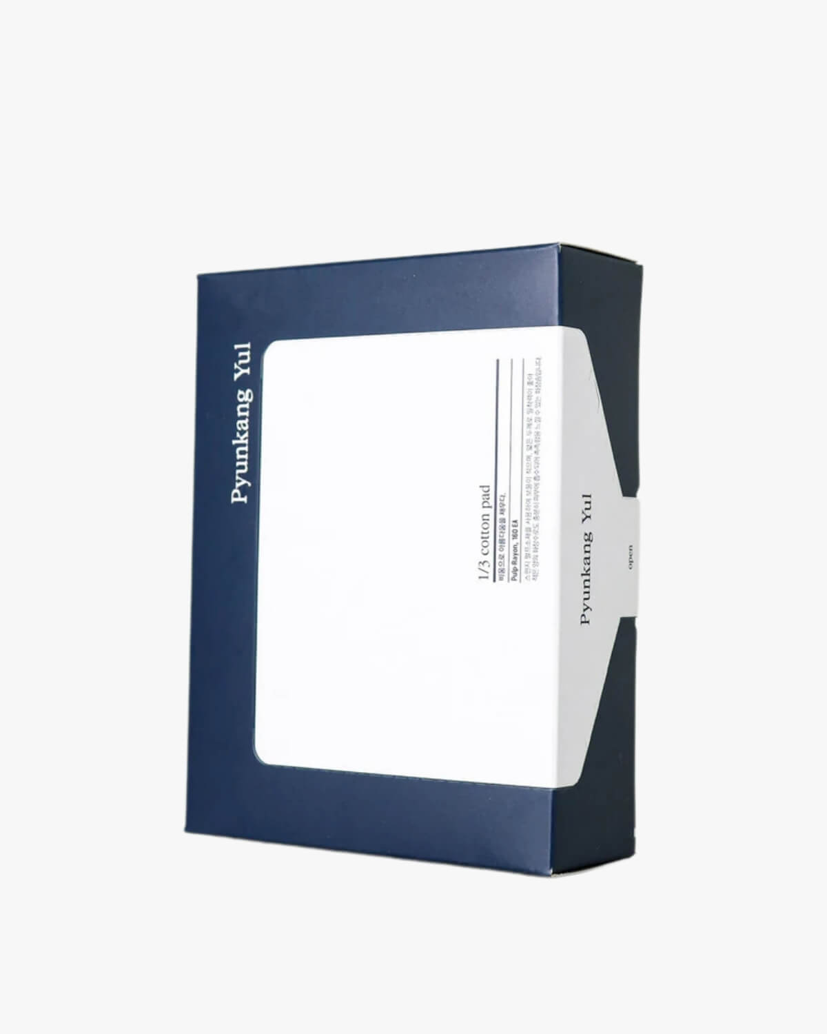 A blue and white box of Pyunkang Yul 1/3 Cotton Pads.
