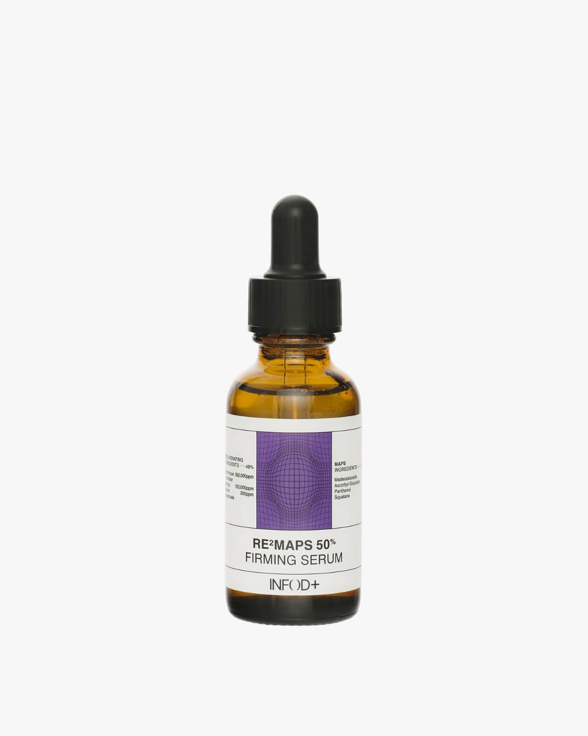 Full shot of the RE²MAPS 50% Firming Serum in an amber glass dropper bottle with a black dropper cap, centered against a white background.