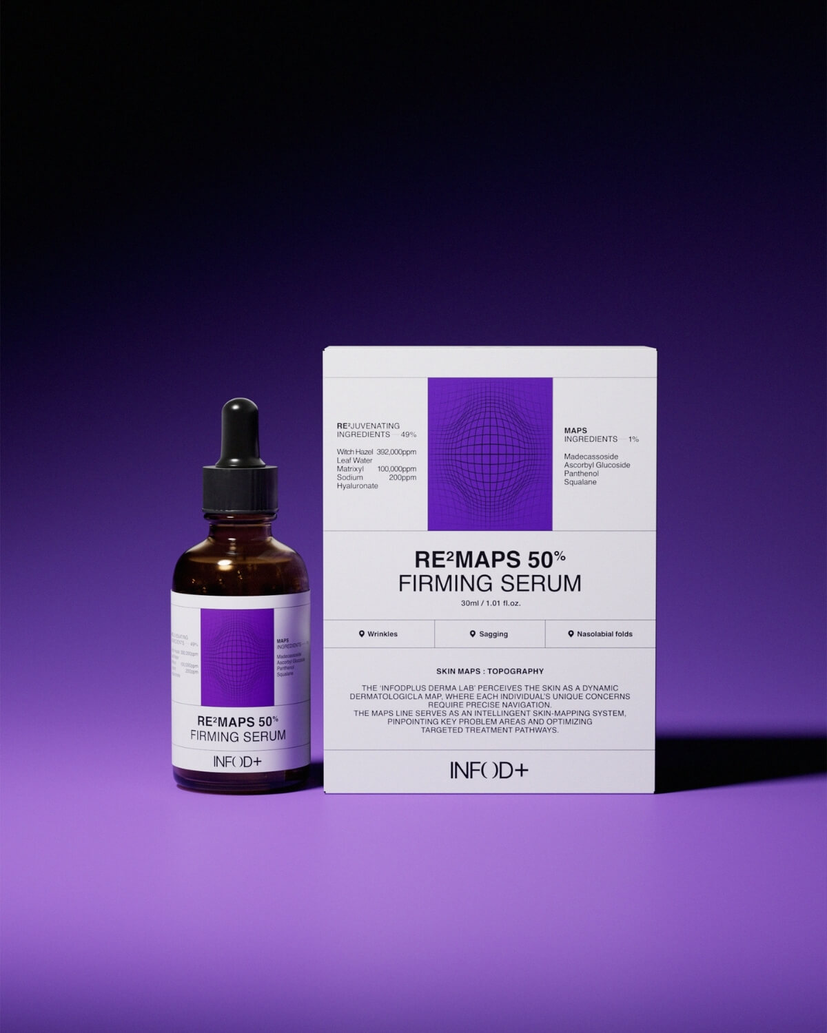 The RE²MAPS 50% Firming Serum bottle next to its white and purple box packaging on a purple background. The text on the packaging describing the serum is clearly visible.