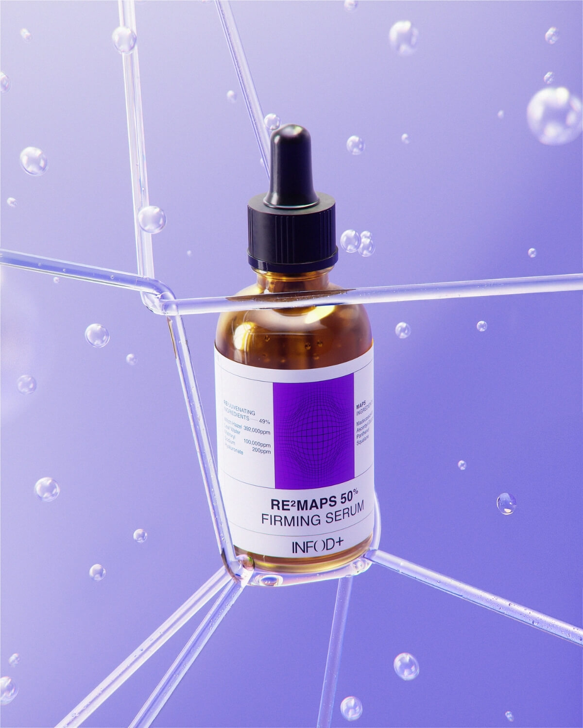 The amber glass bottle of RE²MAPS 50% Firming Serum is suspended in a lattice-like structure of clear tubes, surrounded by floating bubbles against a gradient purple background, emphasizing its scientific nature.