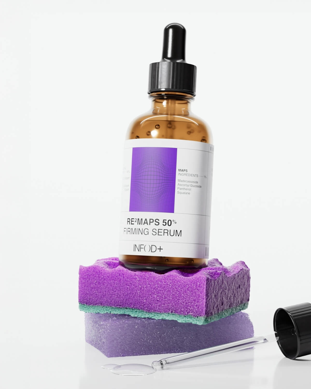 The RE²MAPS 50% Firming Serum bottle resting on a bright purple and green sponge, with the dropper lying detached next to it, against a white background.
