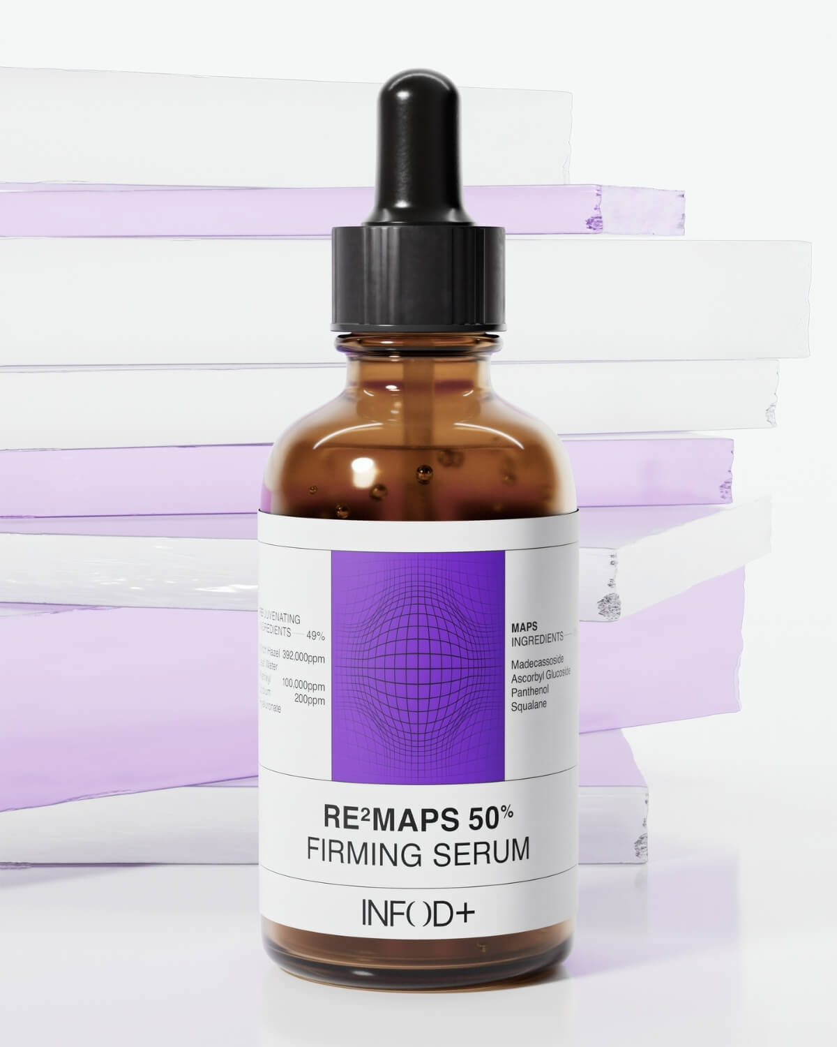 Close-up shot of the RE²MAPS 50% Firming Serum bottle, detailing the label ingredients, against a blurred background of stacked, translucent purple and white objects.