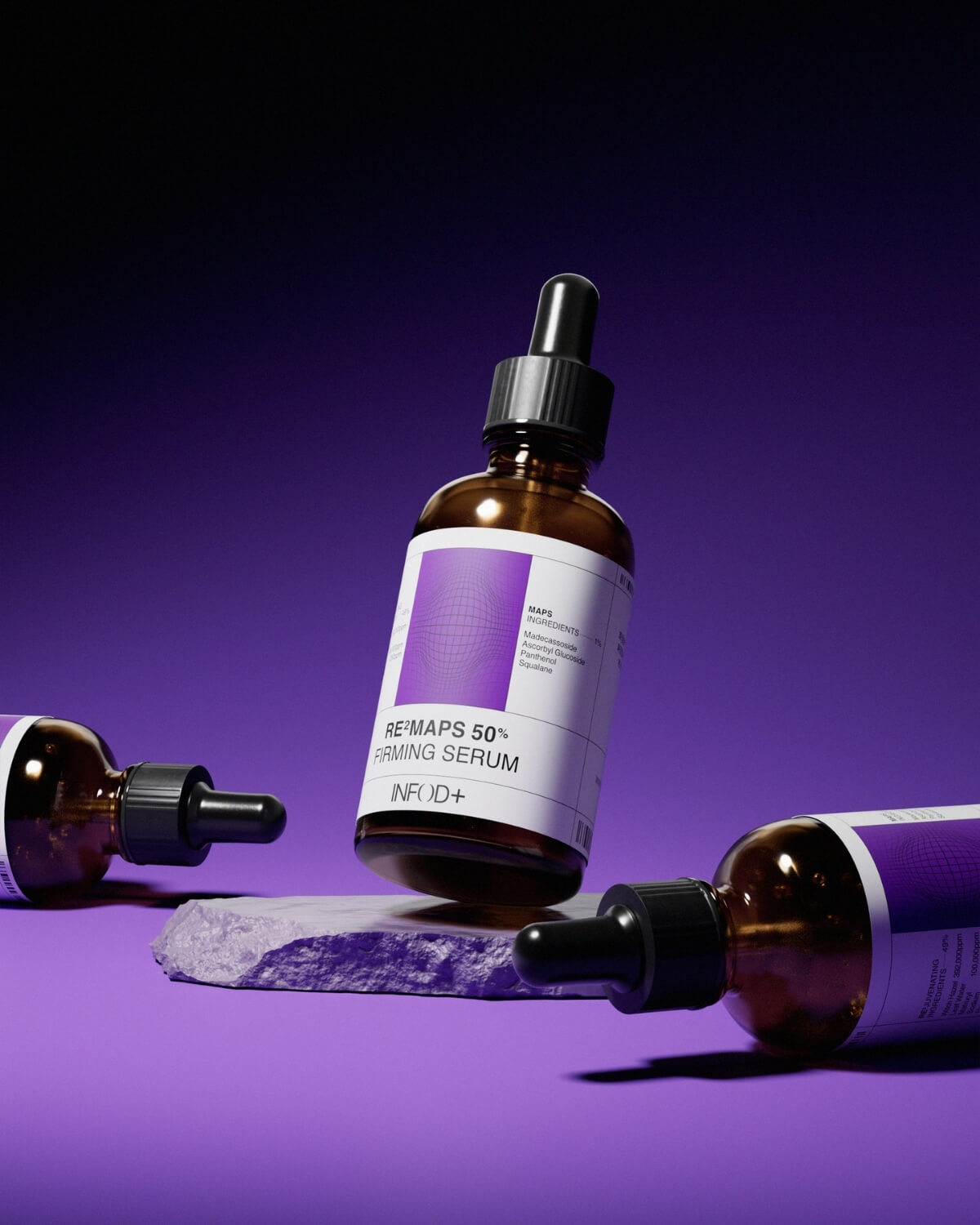 Three amber glass bottles of RE²MAPS 50% Firming Serum on a purple background, one bottle standing balanced on a light grey, rough stone, and two bottles lying on their sides.