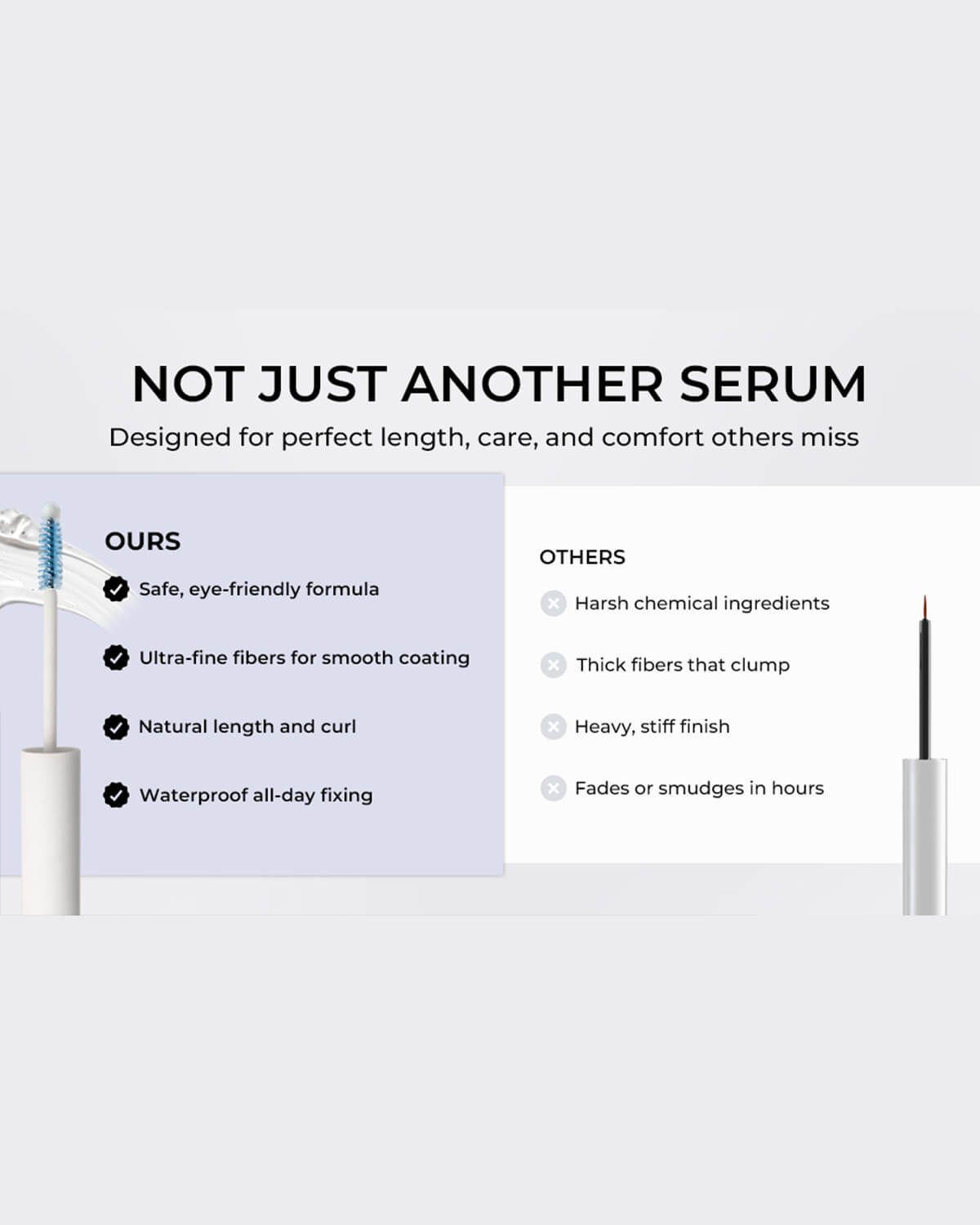 Comparison chart showing Quietone safe fiber lash serum features versus traditional harsh lash serums.