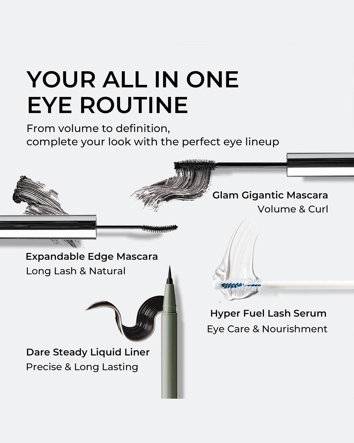Quietone all-in-one eye routine featuring Hyper Fuel Lash Serum, volume mascara, lengthening mascara, and liquid liner.