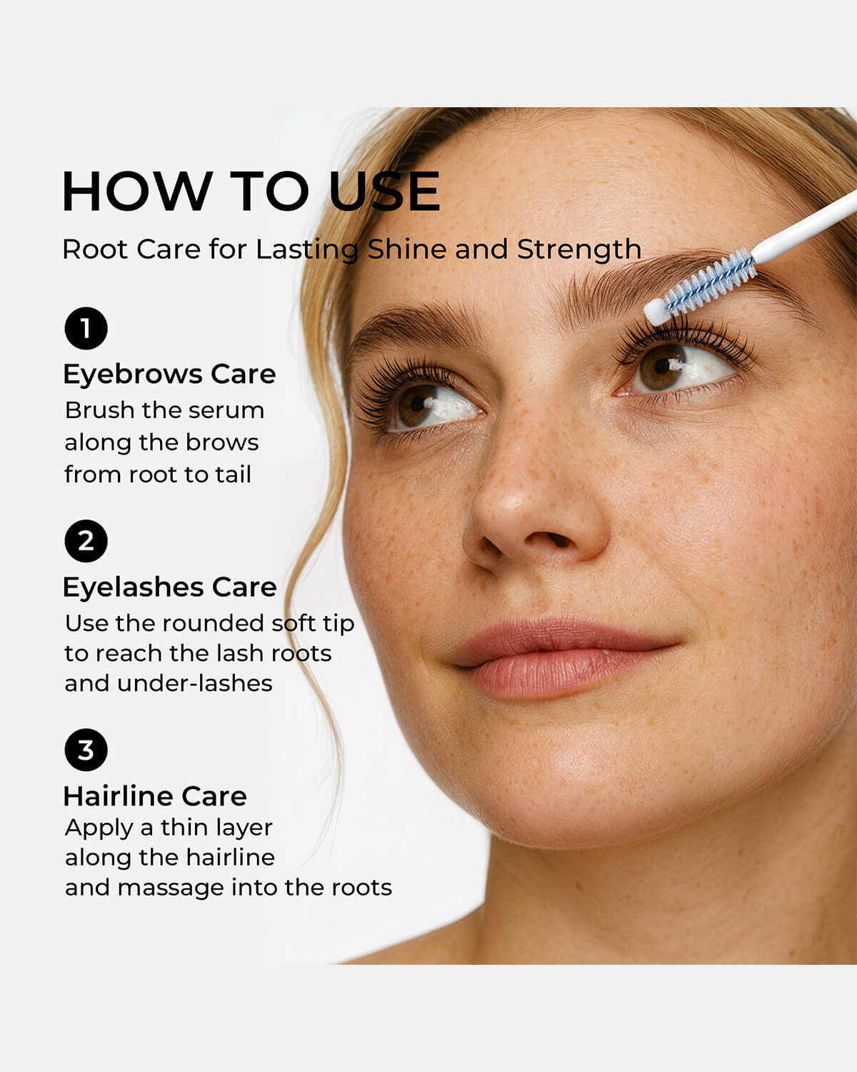 How-to-use guide showing multi-use lash serum application on eyebrows, eyelashes, and hairline for root care.