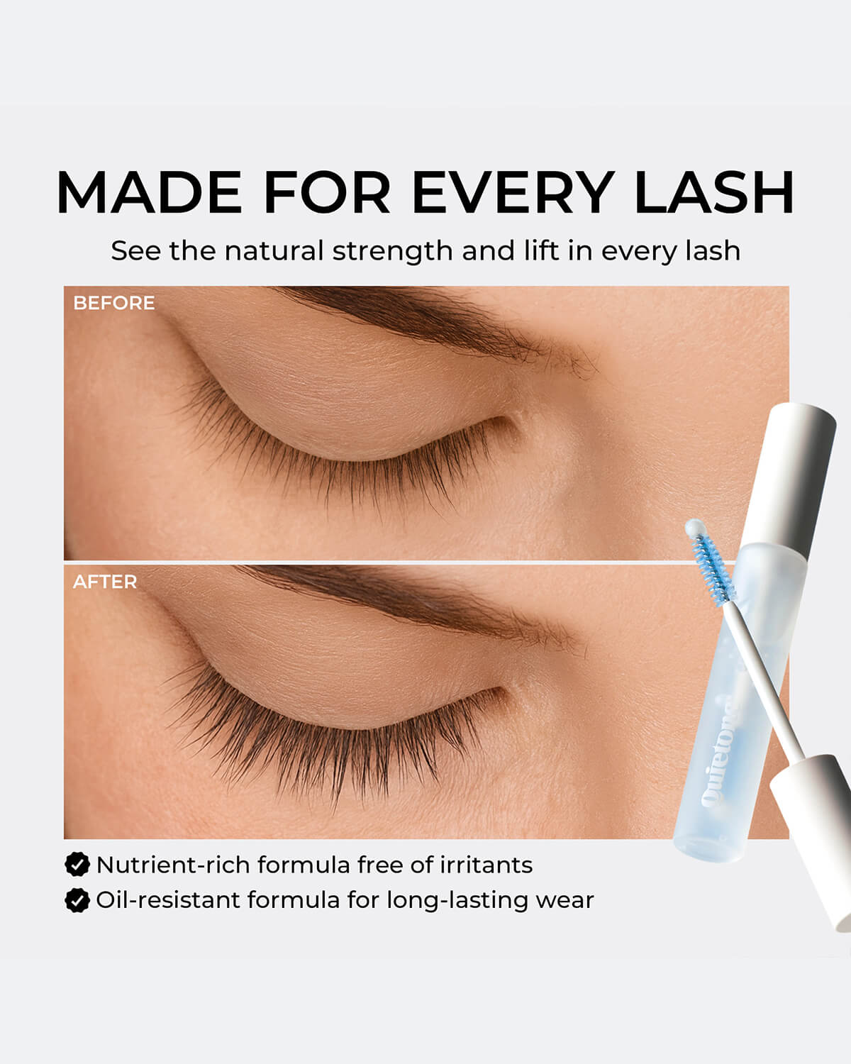 Before and after lash serum results demonstrating natural strength, lift, and growth for sparse eyelashes.