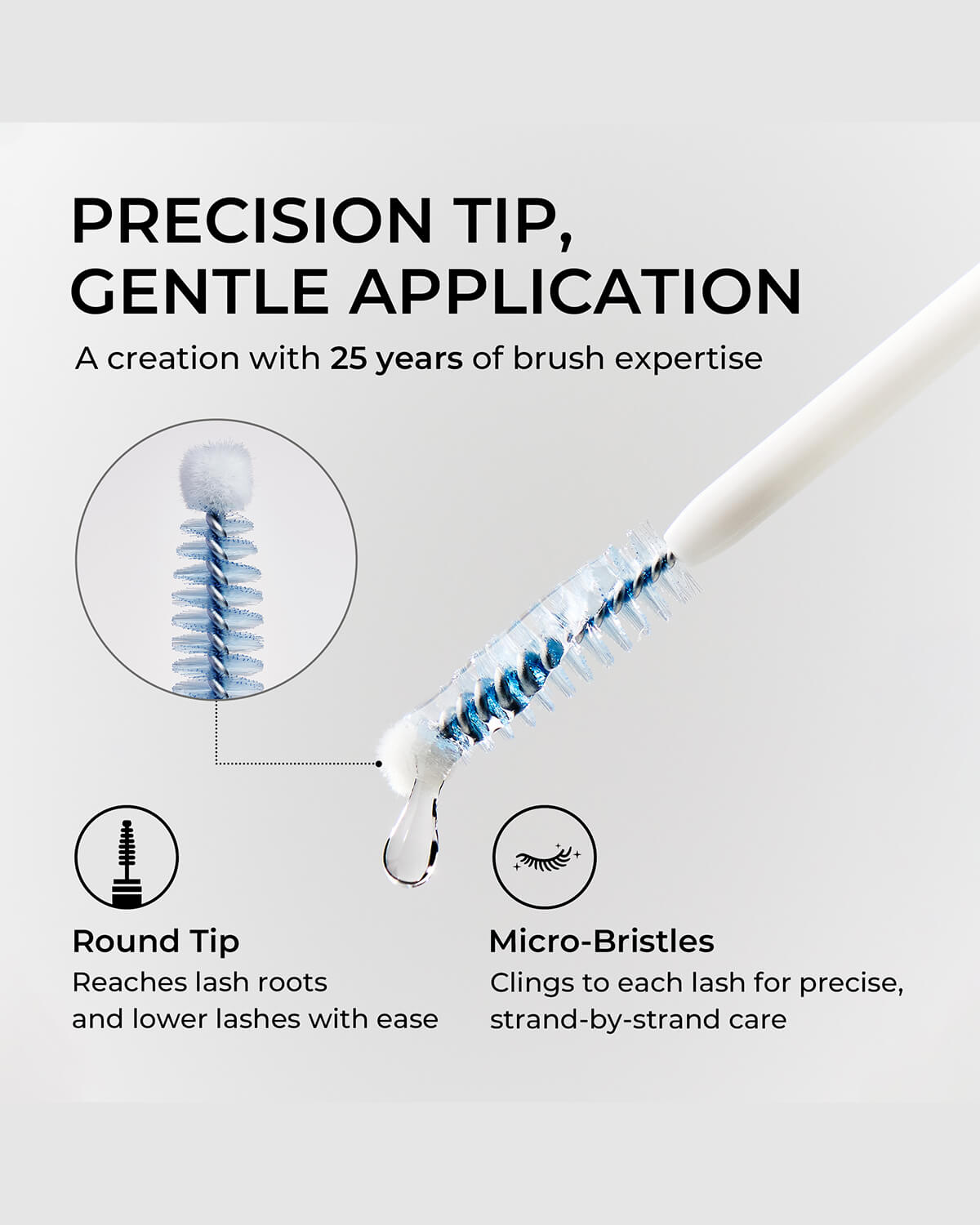 Close-up of Quietone lash serum applicator showing the soft round tip and micro-bristles for precise root-to-tip care.