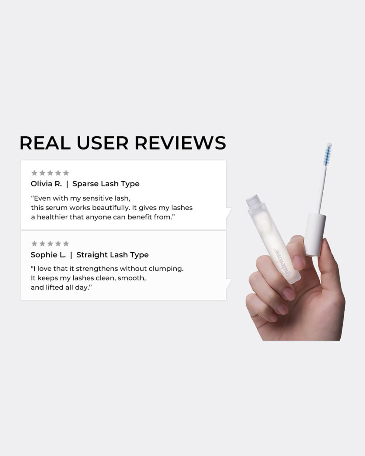 Real customer reviews for Quietone lash serum highlighting safe, non-clumping lash nourishment for sensitive eyes.